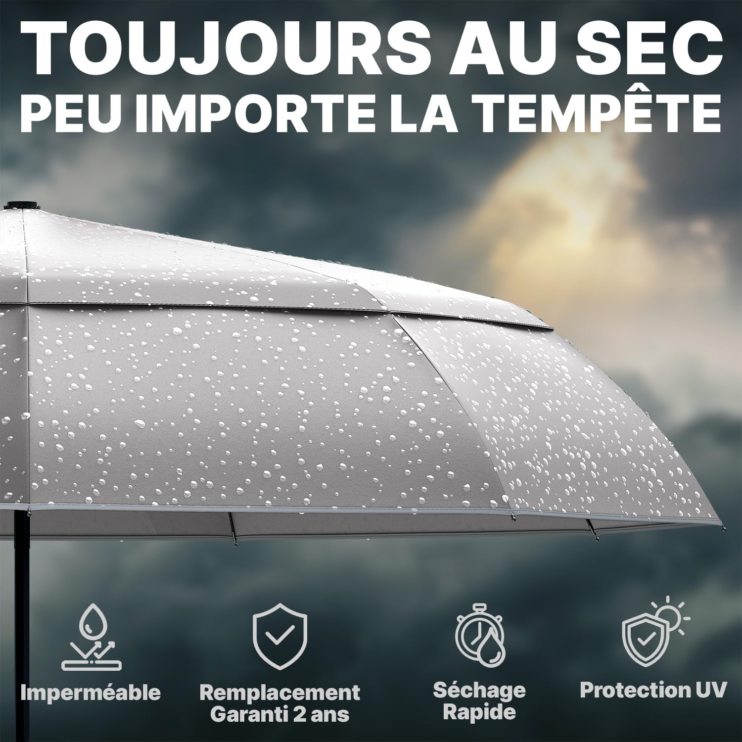 Thumbnail 6 de Royal Walk Parapluie de poche automatique coupe-vent double toit gris L, poignée en bois véritable