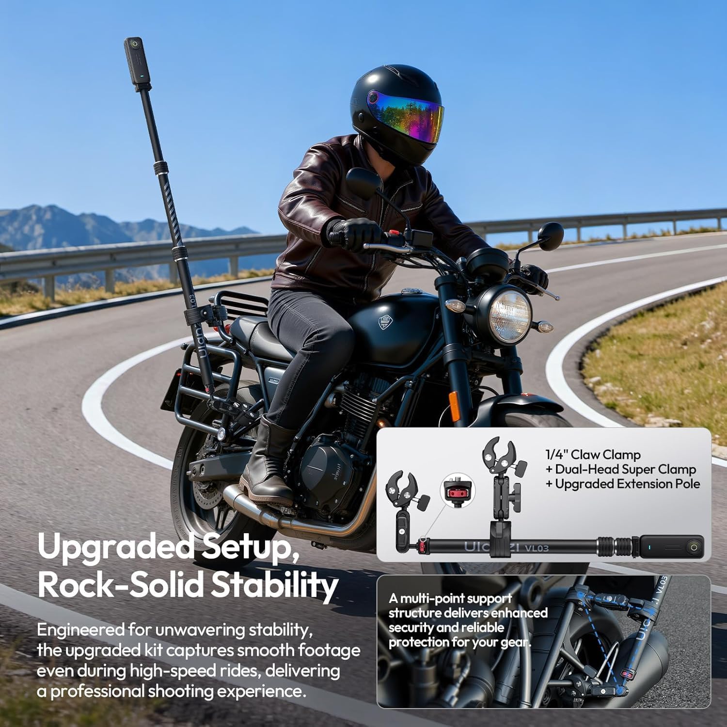 Detalle 2 de ULANZI VL03 : support de caméra d’action pour moto avec perche télescopique et fixation rapide