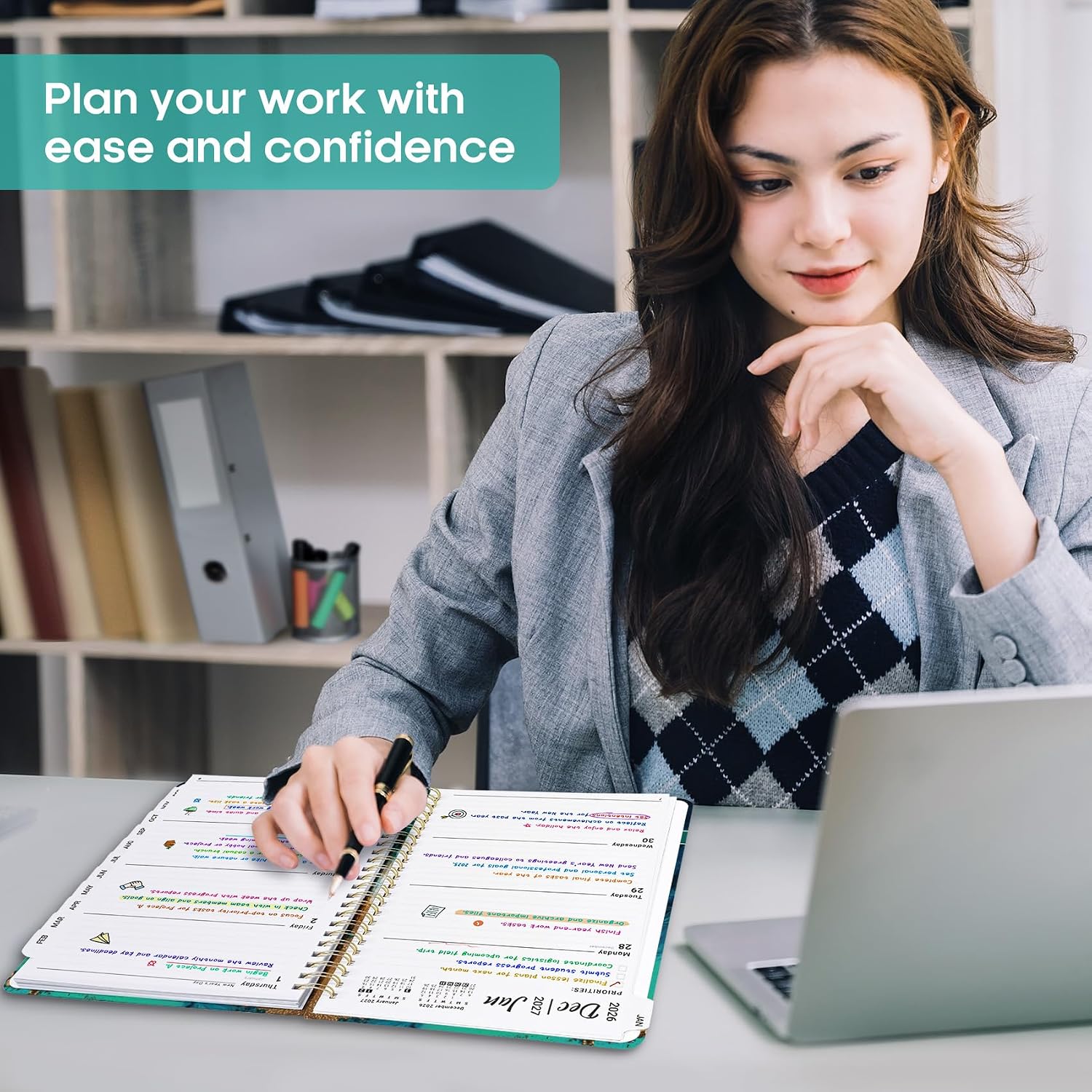 Detalle 2 de JEJEGO J003-2627F-A5-E 2027 Weekly and Monthly Planner, Hardcover, Spiral-Bound