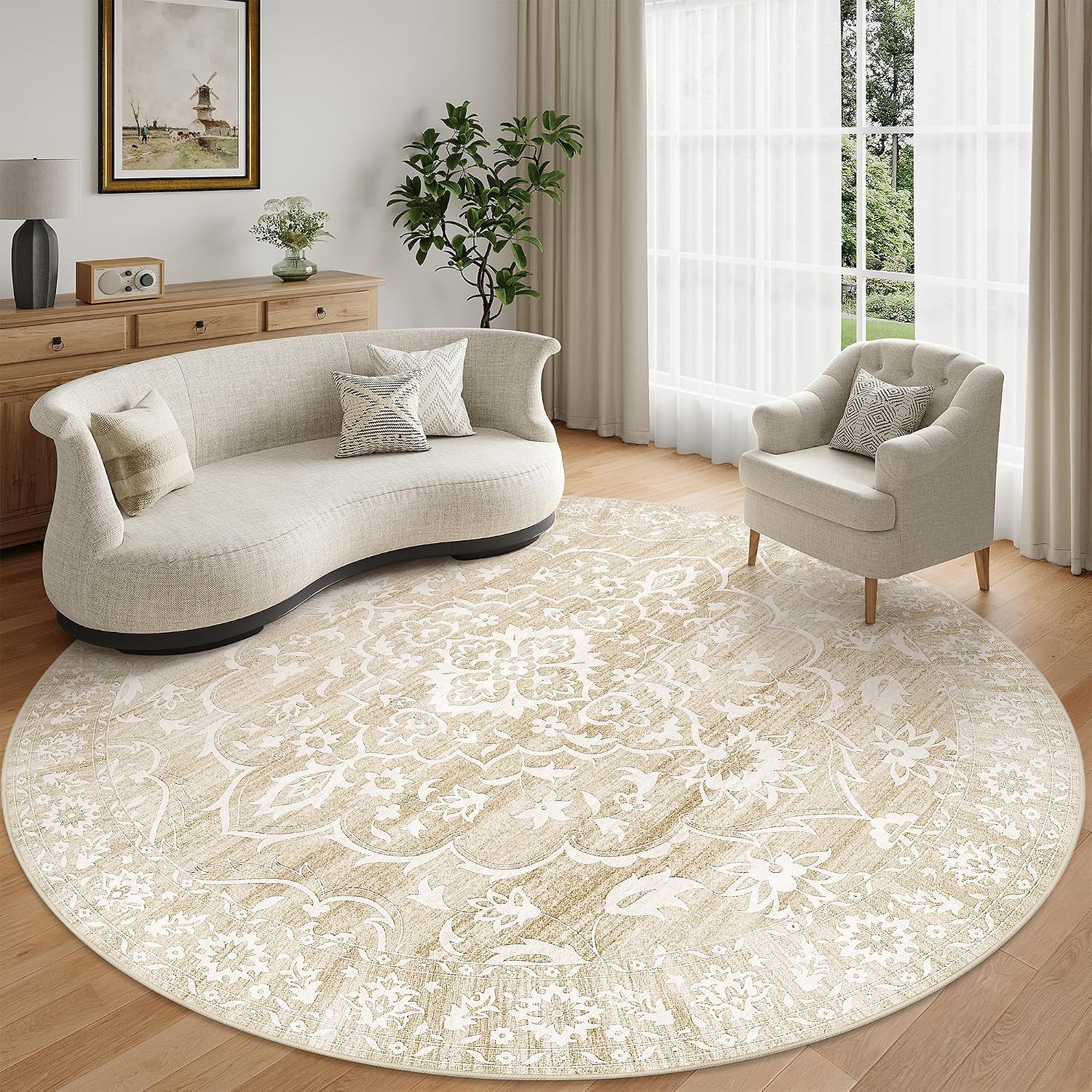 Detalle de Soalmost Washable Round Rug 8ft Round — Ultra-Soft Vintage Floral, Non-Slip, Machine Washable