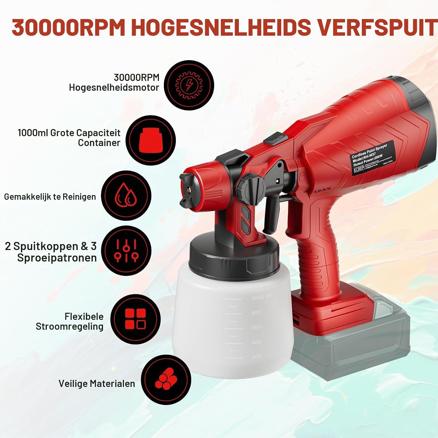 Detalle de GGiking accu-verfspuitsysteem voor Milwaukee M18, 2 sproeiers en 1-liter tank
