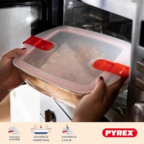 Detalle de Pyrex Cook & Heat – Lot de 5 Boîtes en Verre Borosilicate, Couvercles Hermétiques avec Valve vapeur, Made in France