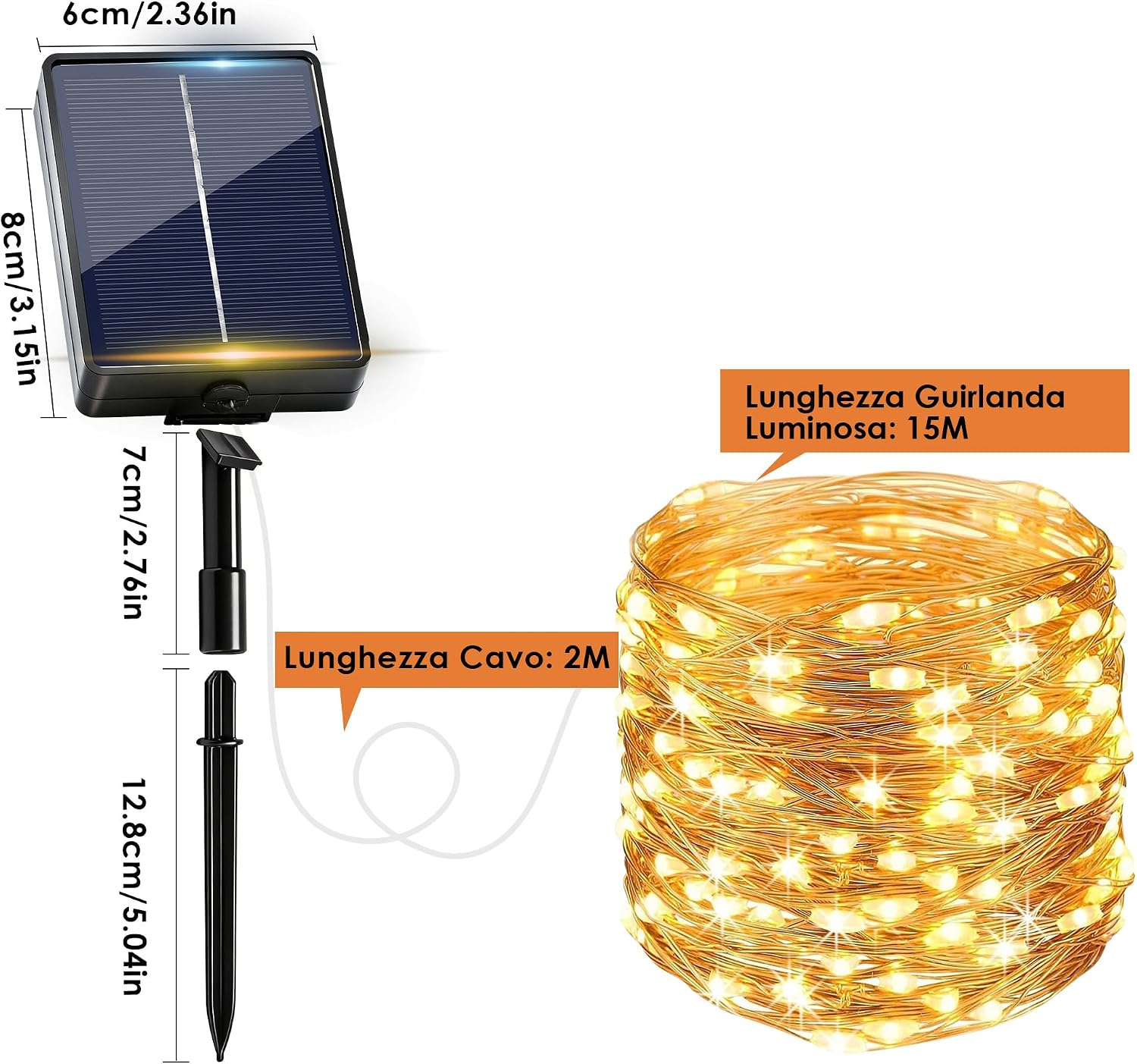 Detalle 2 de Luci Solari Esterne Luci Solari Esterno 3 Pacchi 15+2M 150LED IP65 - Filo di Rame, Bianco Caldo
