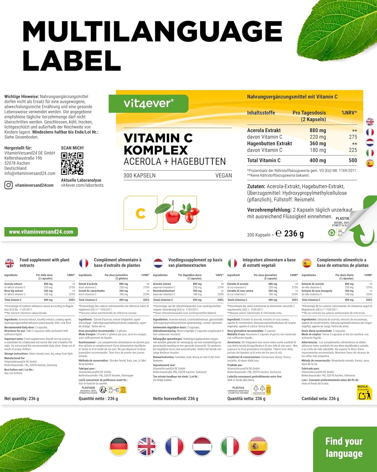 Detalle de vit4ever Natürlicher Vitamin C Komplex mit Acerola- & Hagebutten-Extrakt – 300 Kapseln (5 Monatsvorrat)