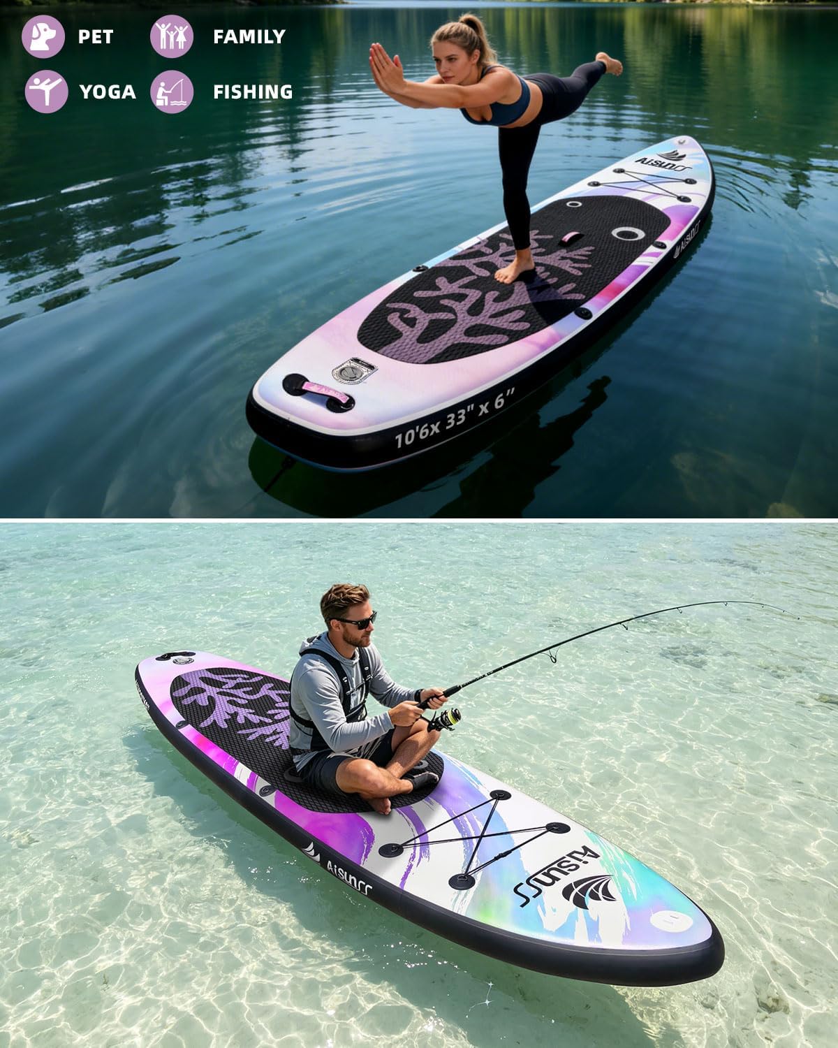 Detalle de AISUNSS Purple Coral Inflatable Paddle Board — 10.6 ft, wide stability with premium accessories