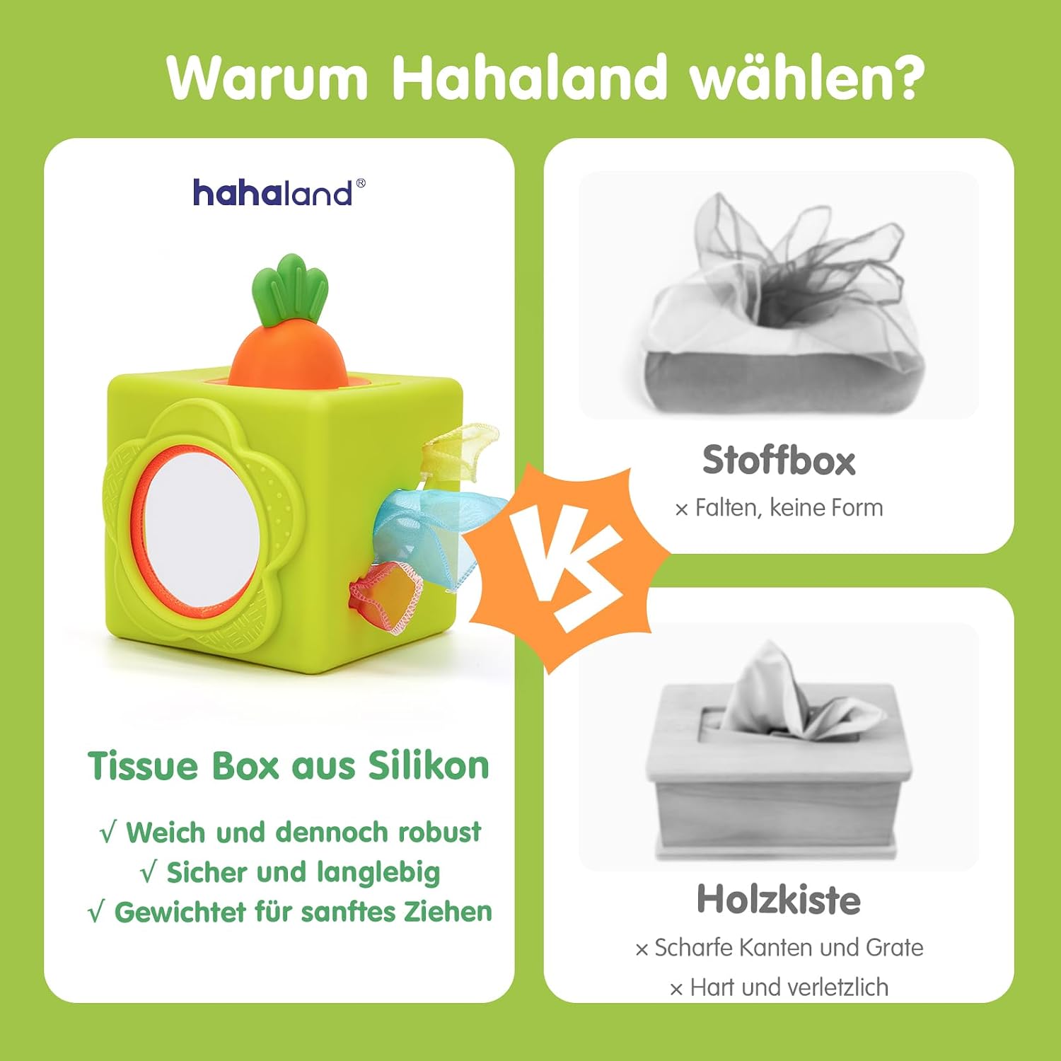 Thumbnail 4 de hahaland Baby Spielzeug 6 Monate – Silikon-Tücherbox, 6-in-1 Montessori Würfel mit Texturen, Spiegel und Beißring