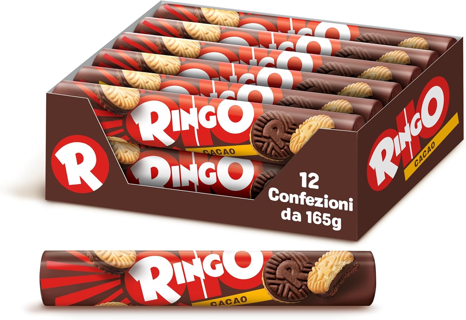 Pavesi Snack Ringo Cacao – Biscotti Farciti con Crema al Cioccolato, Tubo da 12 Confezioni da 165 g