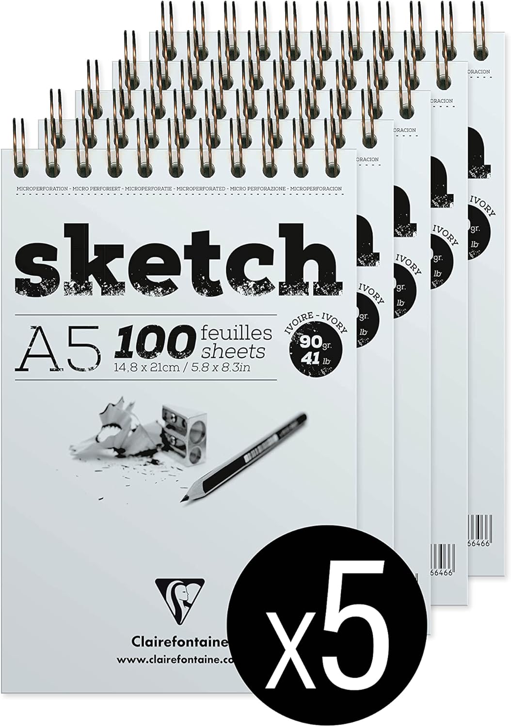 Thumbnail 6 de Clairefontaine 96604Cpack – Bloc Spiralé en-tête Papier Sketch, 100 feuilles A4, 90 g, lot de 5