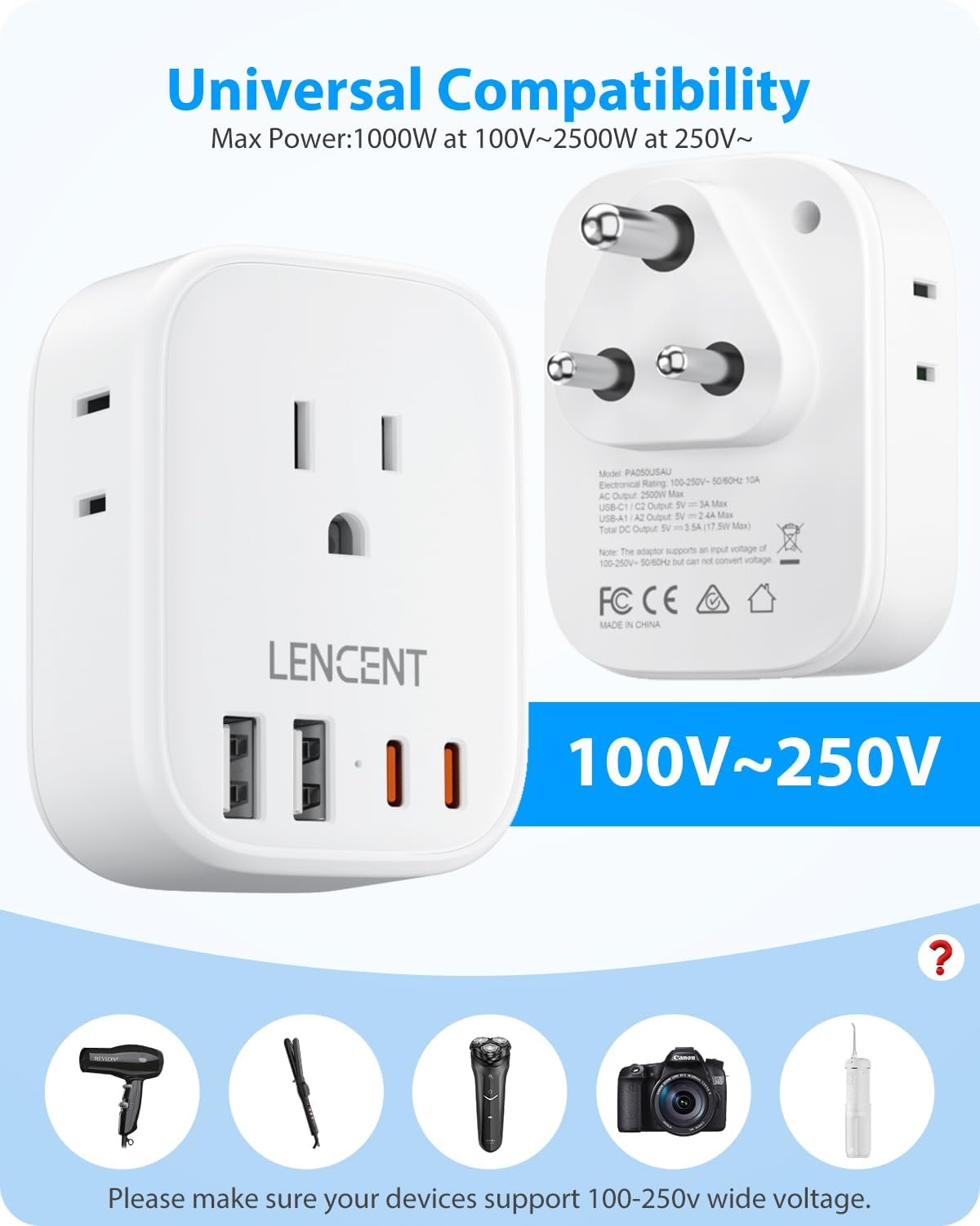 Detalle de LENCENT PA050USIN Type D Travel Adapter, 4 Outlets and 4 USB Ports