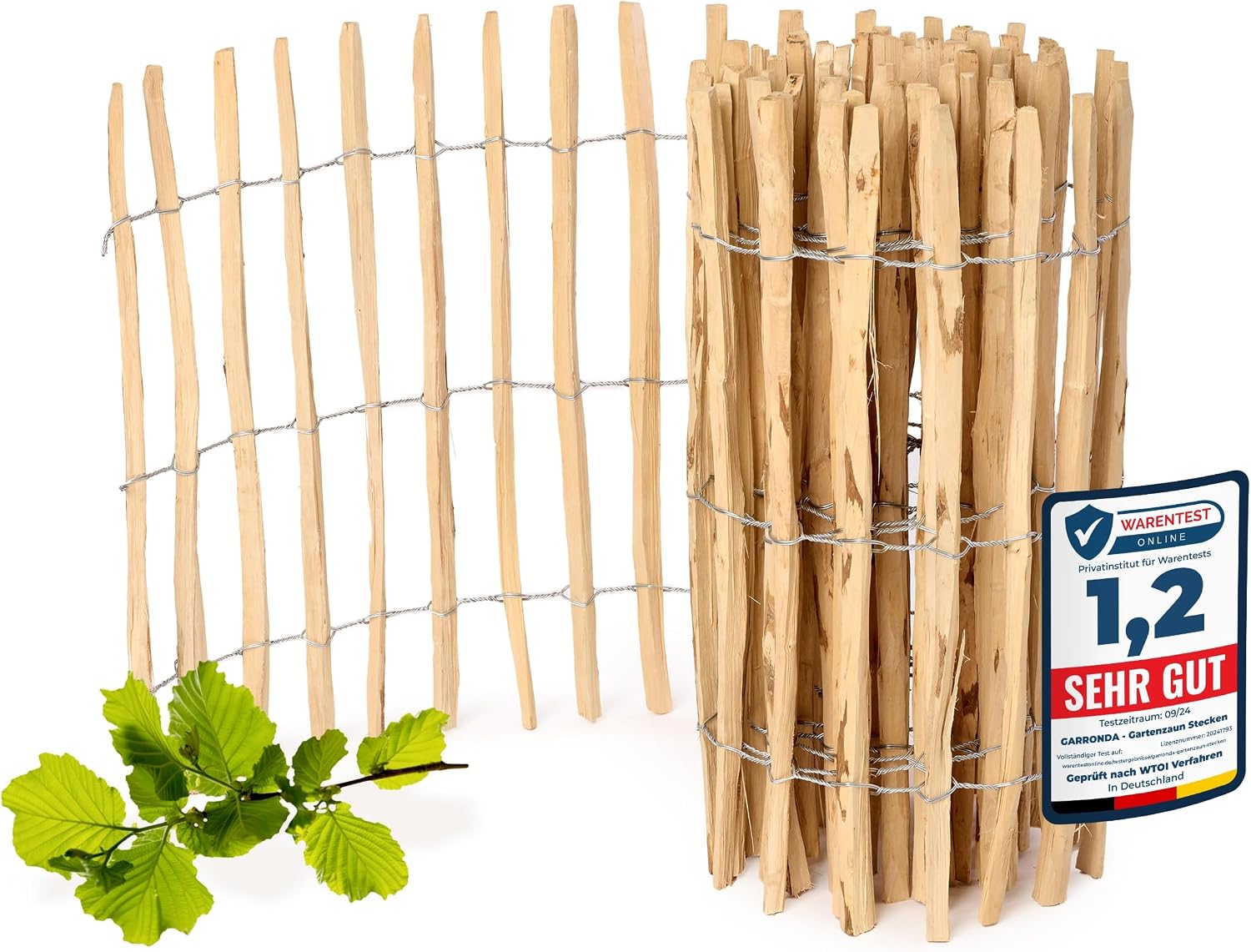 Detalle de Garronda Gartenzaun zum Stecken aus Haselnüsseholz (Lattenabstand: 7–8 cm), 80 x 500 cm – für Beeteinfassung & Grundstücksabgrenzung