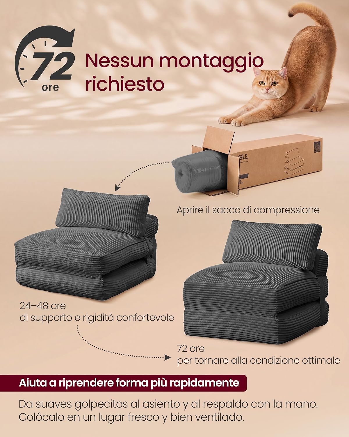 Thumbnail 6 de VASAGLE Poltrona Letto Pieghevole Camila LCS211G101 in velluto grigio piombo — 89x89x78 cm chiuso / 89x195x43 cm aperto