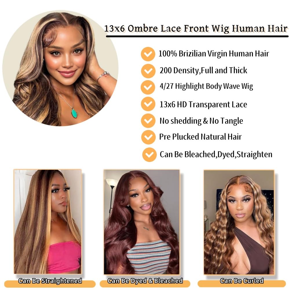 Detalle de Sunelk Honey Blonde Ombre Lace Front Wig (Human Hair, 13x6 HD Lace, 200% Density, Body Wave)