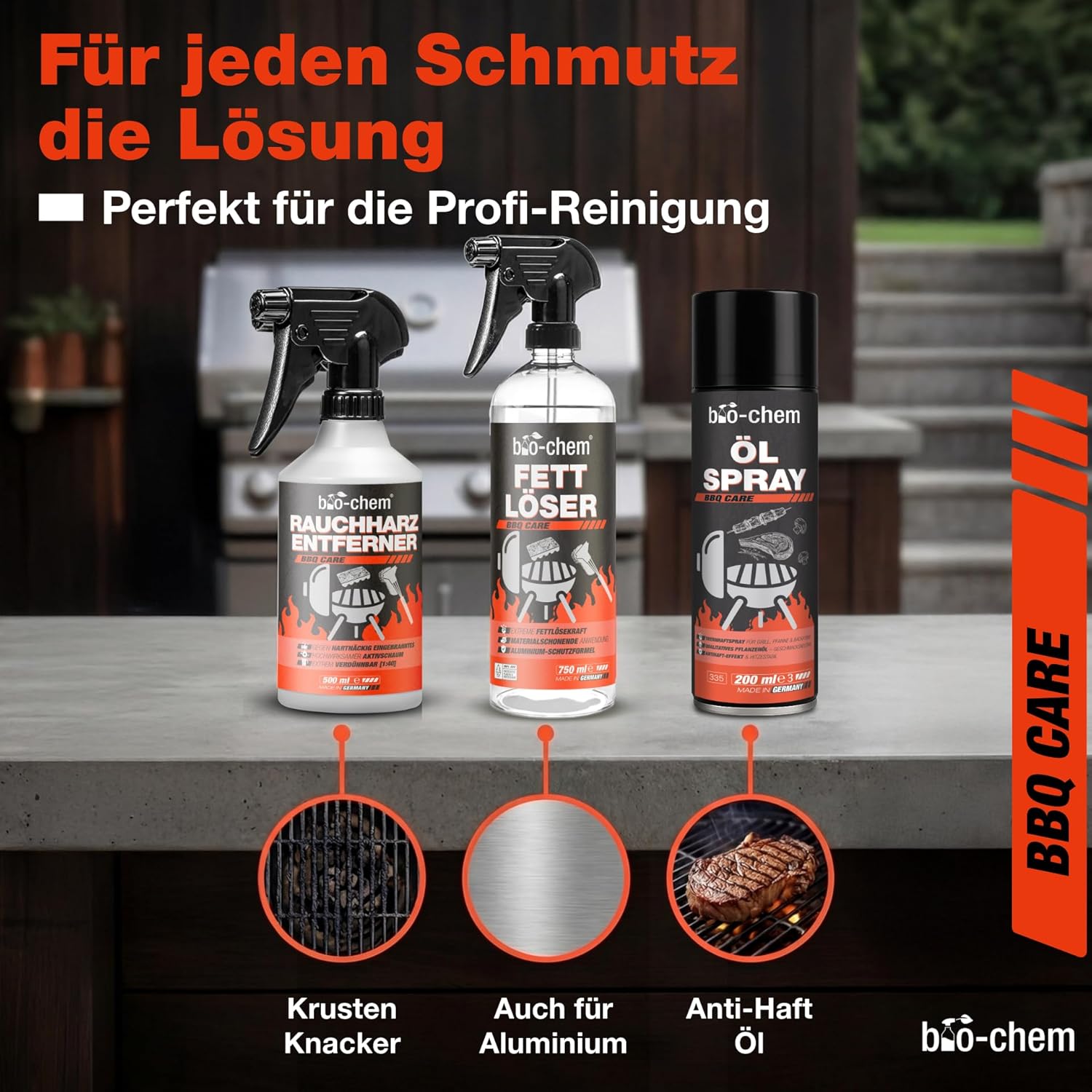 Thumbnail 2 de bio-chem Grillreiniger Set 3-teilig: Fettlöser, Rauchharz-Entferner & Öl-Spray für Gasgrill, Backofen und Edelstahl