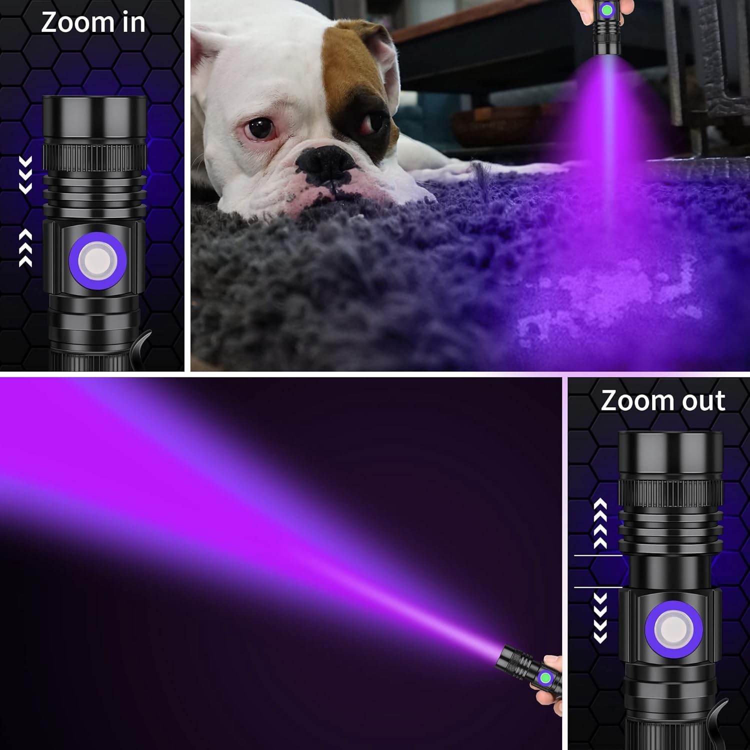 Detalle 2 de DARKBEAM Torcia UV Ricaricabile 395 nm – Lampada ultravioletta portatile con clip, rilevamento macchie d'urina per animali