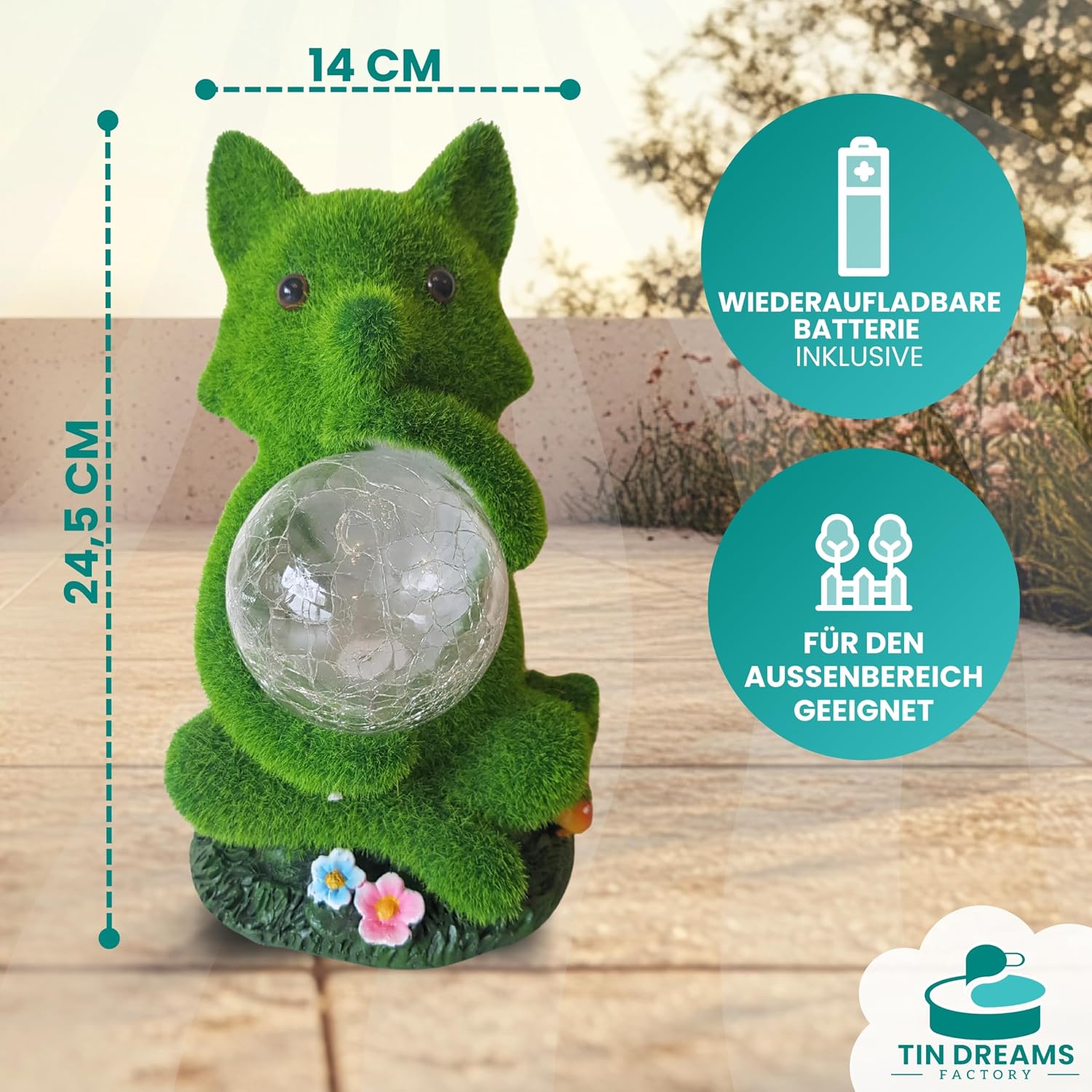 Detalle de TIN DREAMS FACTORY Solarfigur Fuchs für Garten – LED-Tierfigur aus wetterfestem Harz