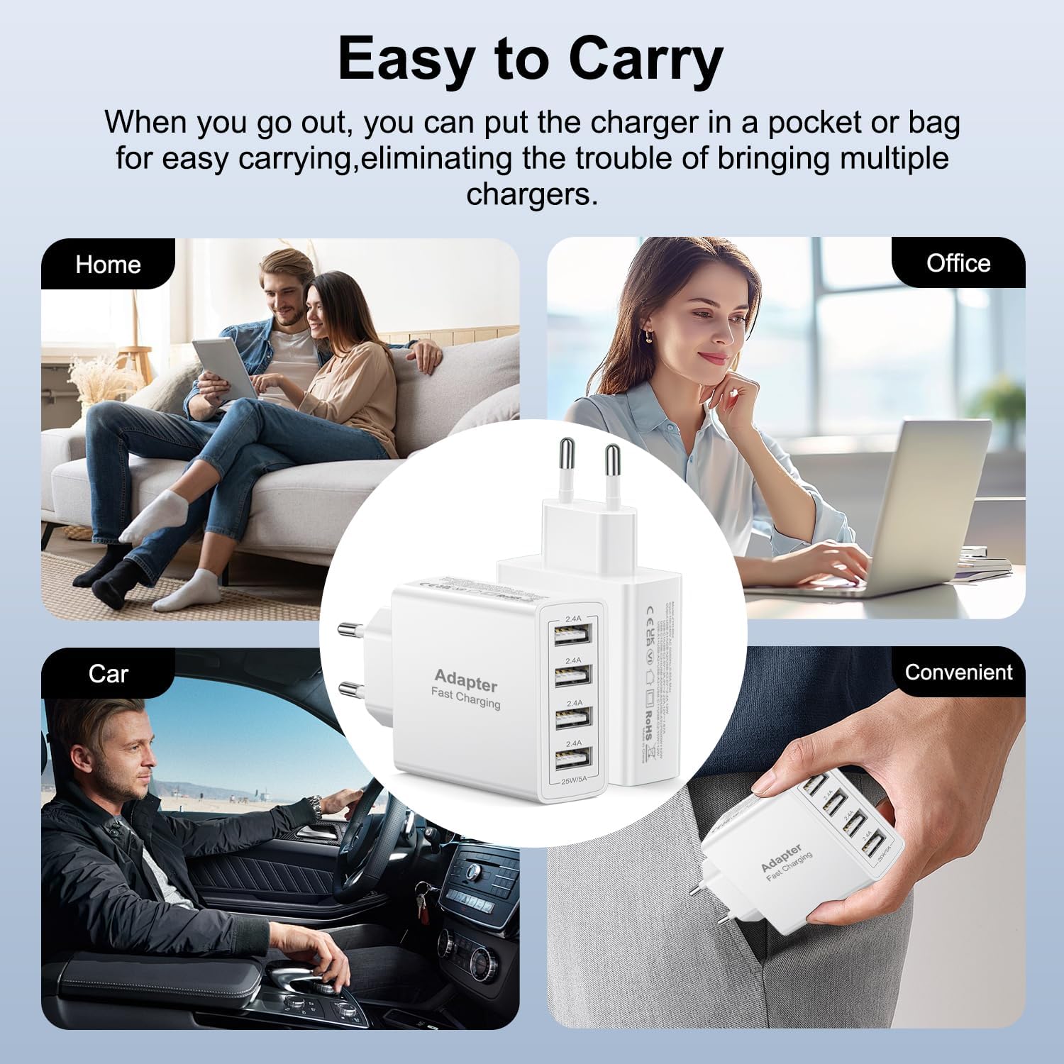 Thumbnail 6 de Lot de 2 chargeurs USB muraux à 4 ports (25 W, 4x USB) – Chargeur rapide compatible Samsung, iPhone, iPad et Xiaomi