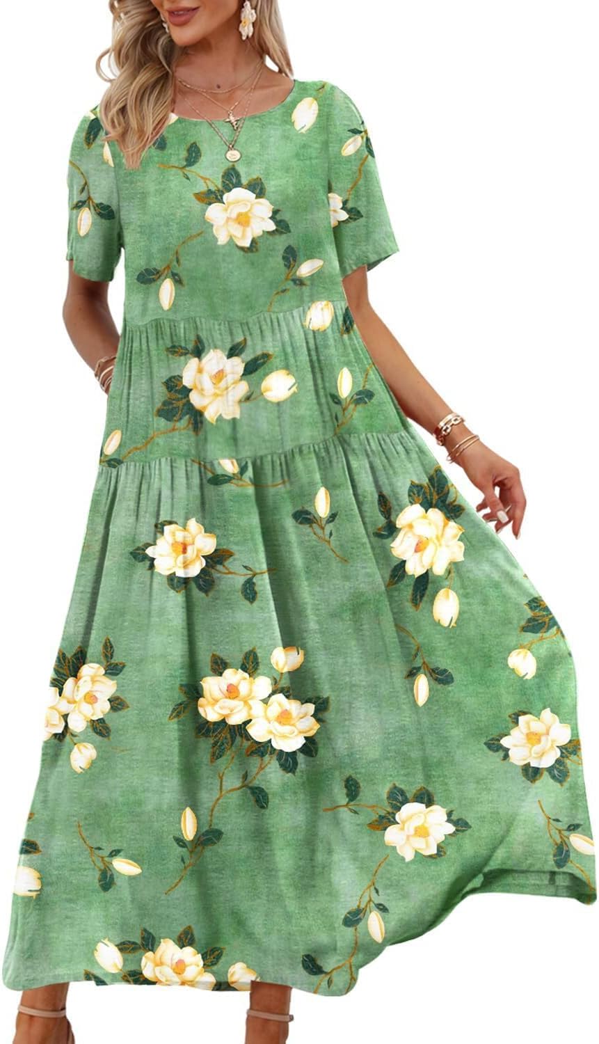 Detalle de YESNO Women Casual Loose Bohemian Floral Dress with Pockets – Maxi Summer Swing