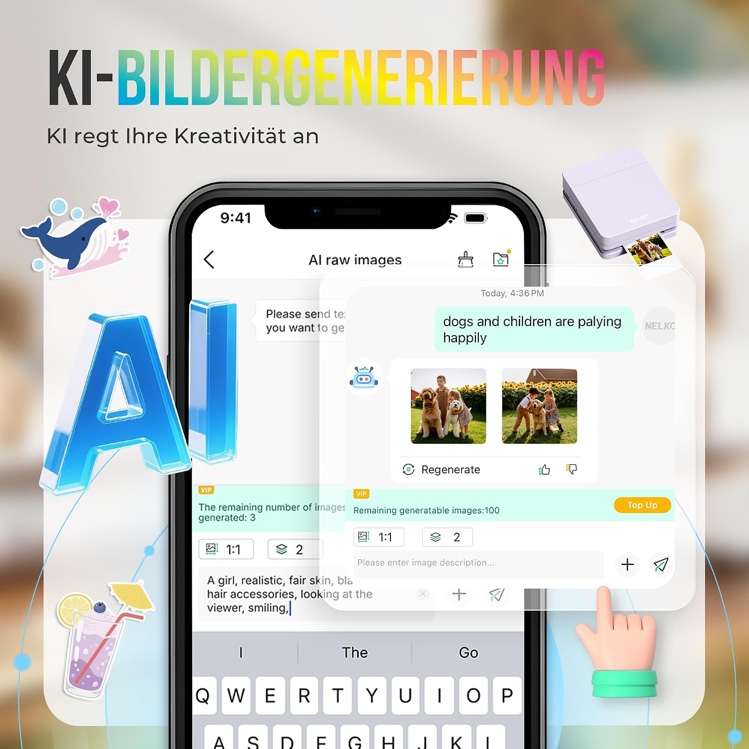 Detalle de Nelko Fotodrucker PP01 – Tragbarer Mini-Fotodrucker mit 20 Blatt Klebe-Fotopapier und AI-App