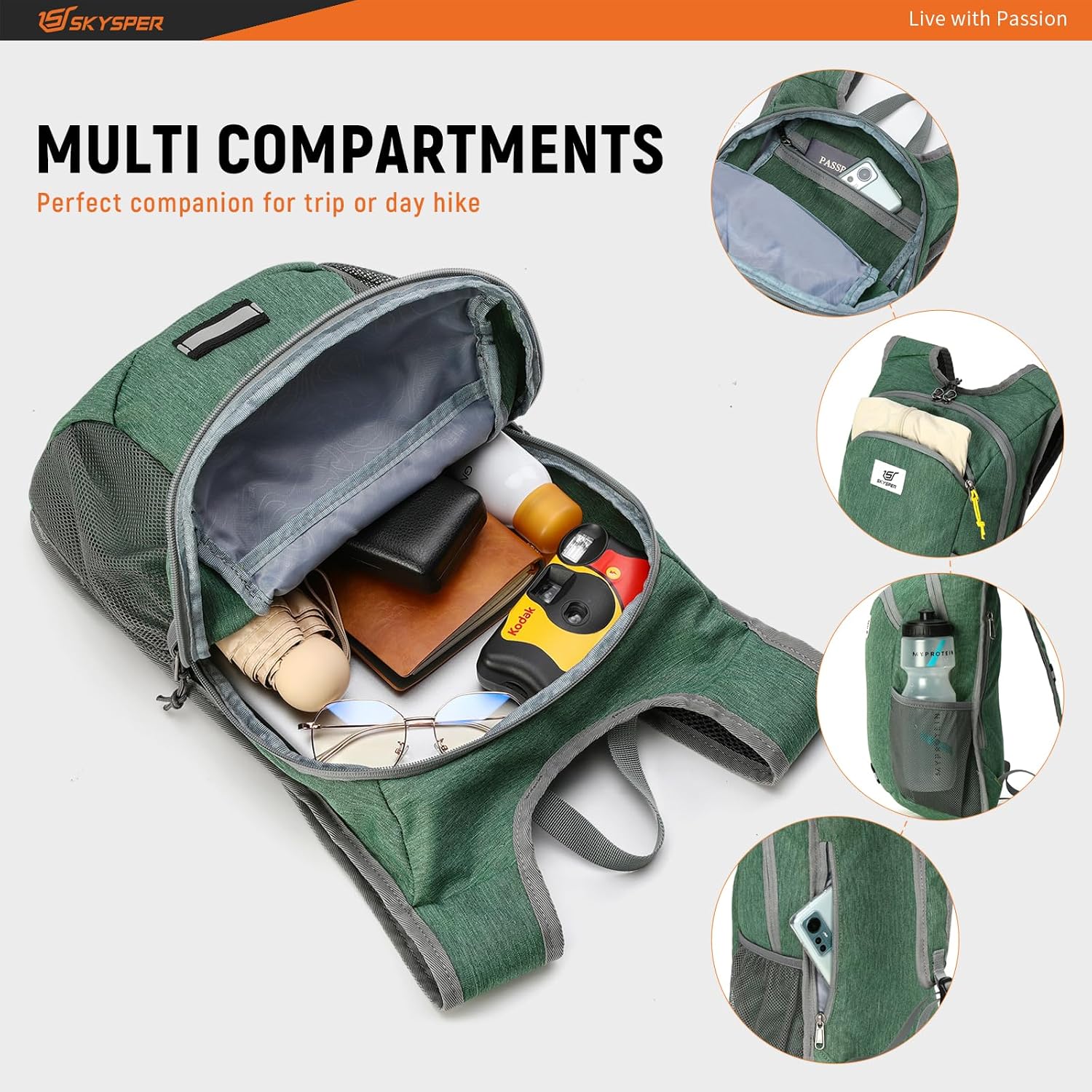 Detalle de SKYSPER 10L Hiking Backpack: Lightweight, Foldable Daypack for Everyday Adventures