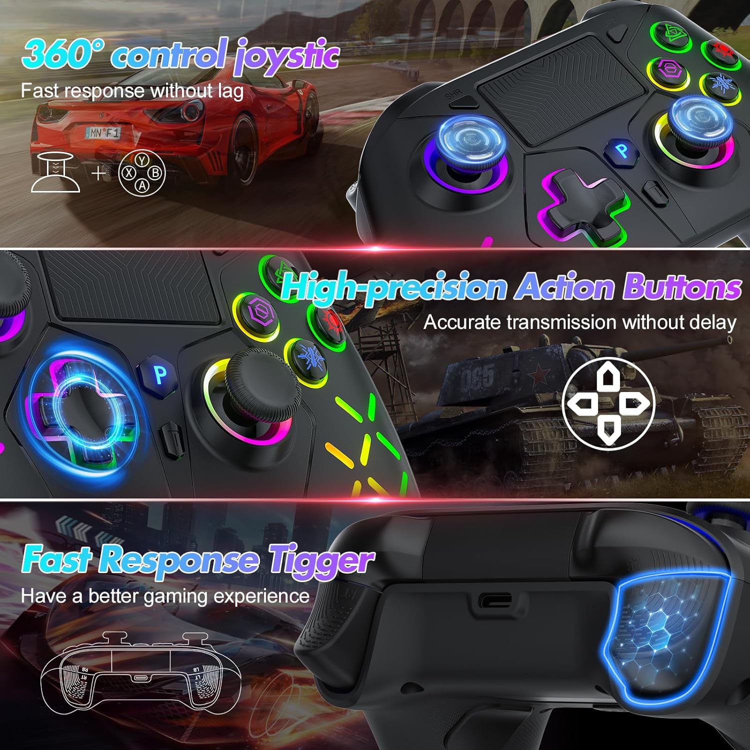 Thumbnail 2 de Bonacell RGB Wireless Controller für PS5/PC/PS4 – mit Motor-Vibration, 6-Achsen-Sensor, Turbo & Touchpad
