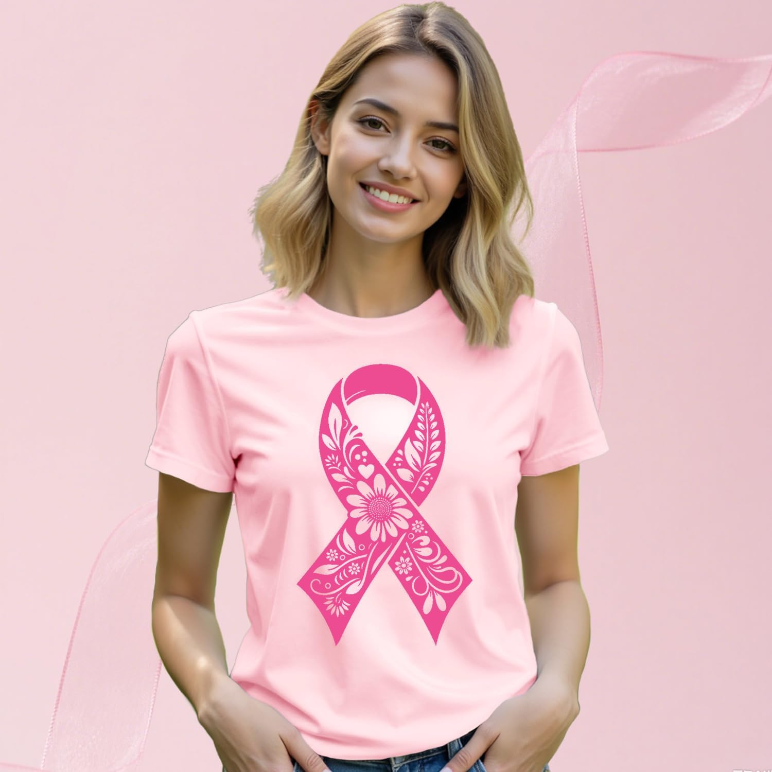 Thumbnail 3 de Qskall Floral Ribbon Breast Cancer Tee for Women