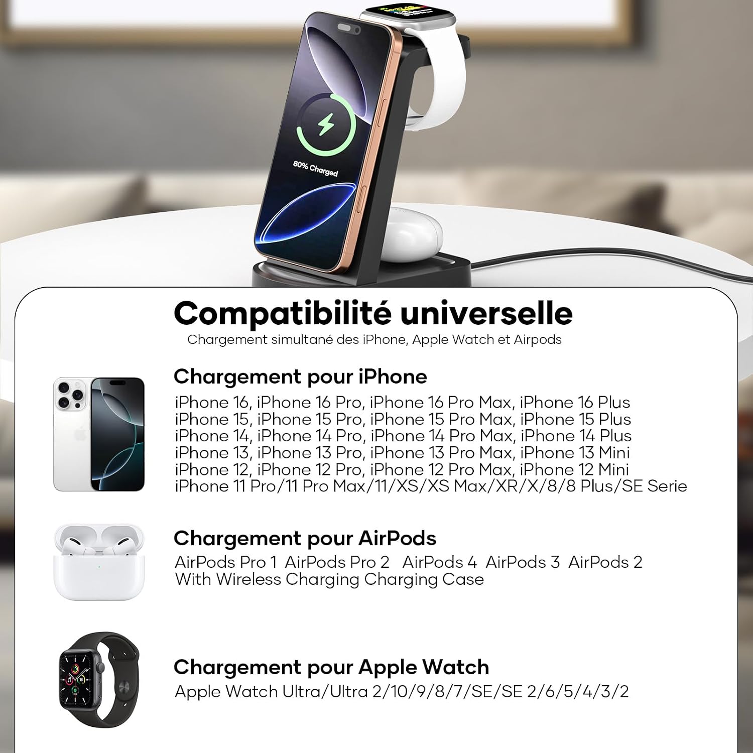 Thumbnail 1 de Station de charge 3-en-1 sans fil 18W pour iPhone, Apple Watch, AirPods