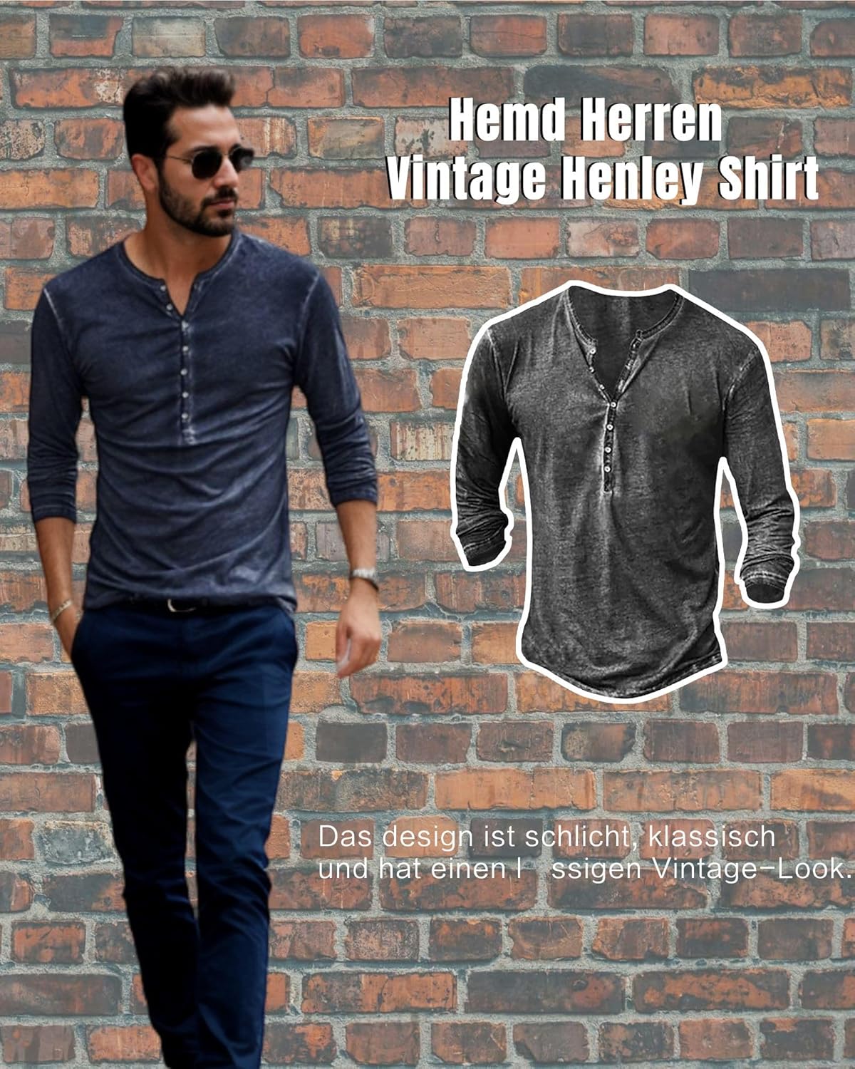 Thumbnail 3 de NEMXCE Hemd Herren Vintage Henley Shirt – Kurzarm/ Langarm, Slim Fit, V-Ausschnitt