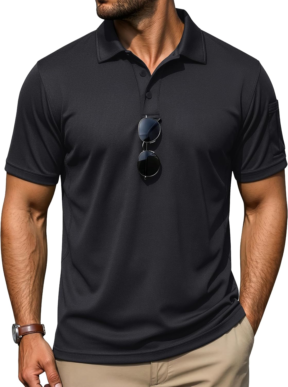 Detalle de TACVASEN Herren Polohemd Kurzarm – Taktisch funktionales Golf-Poloshirt aus atmungsaktivem Piqué