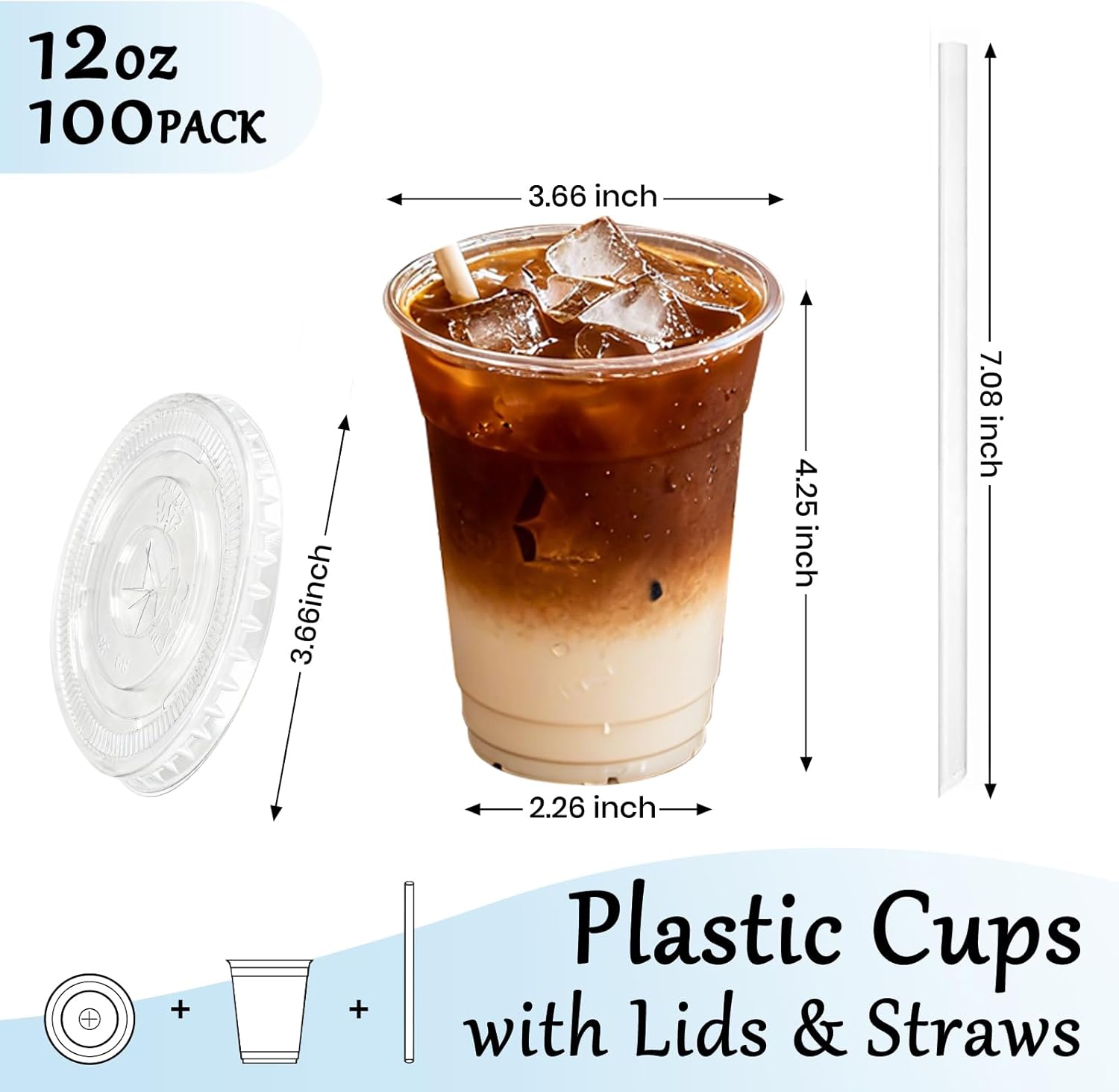 Detalle de cundao 12 oz Clear Plastic Cups with Lids & Straws (100-Count) – Leak-Proof, BPA-Free PET Tumblers