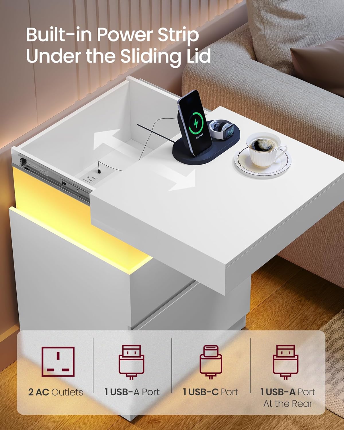 Detalle 2 de VASAGLE ULET840WB03 KAILYN Nightstand with Sliding Lid, Charging and LEDs