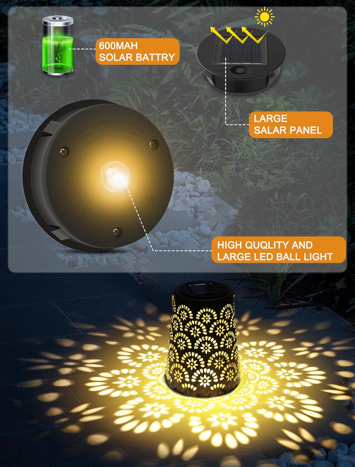 Thumbnail 3 de OUILA Solarlampen für Außen (IP65) – wetterfeste Metall-Gartenleuchte mit LED und Vintage-Floral-Design