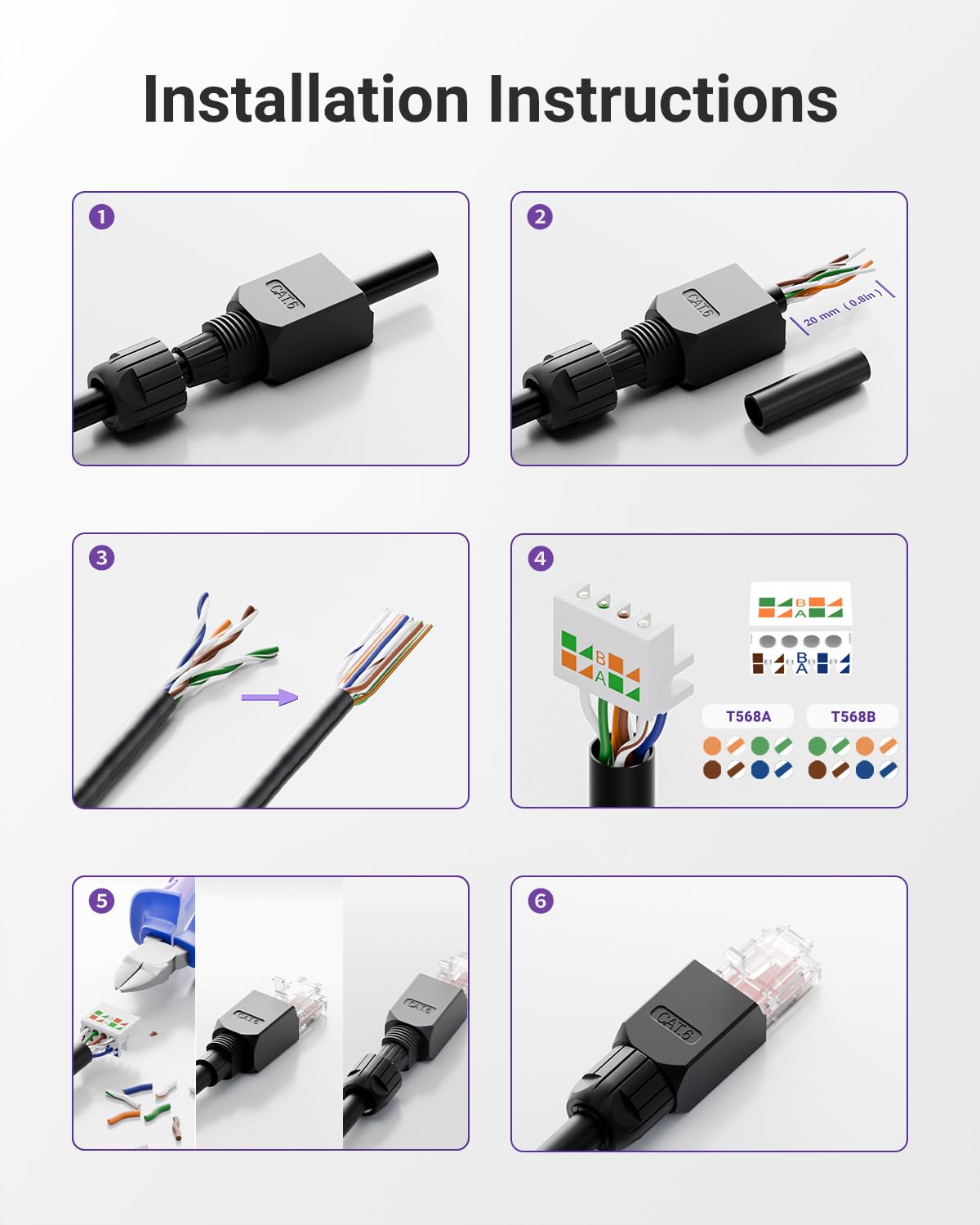Thumbnail 6 de VCELINK Cat6 Tool-Free RJ45 Connectors (4-Pack) – 1000 Mbps, 250 MHz, Gold-Plated
