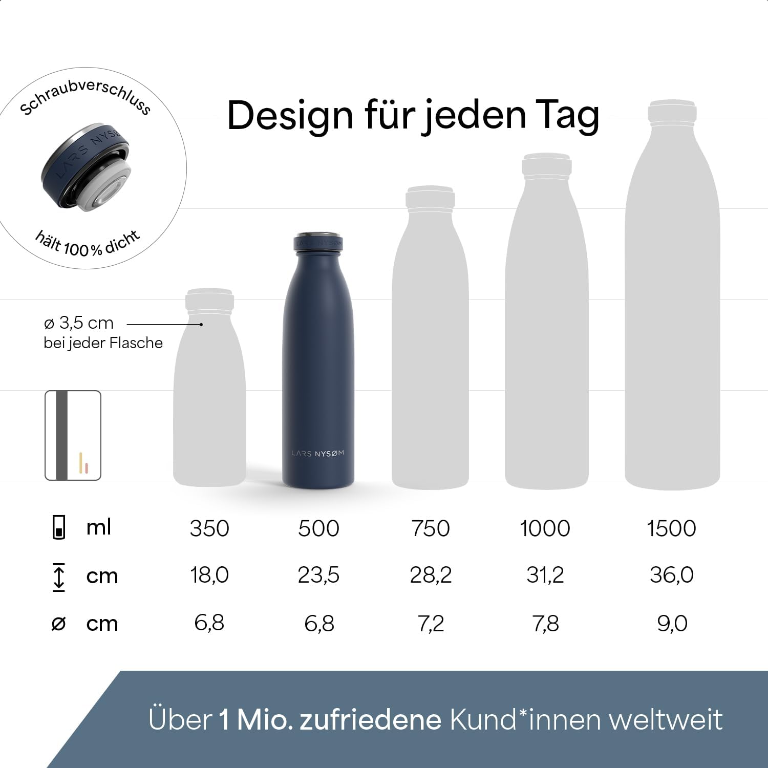 Thumbnail 3 de LARS NYSØM Edelstahl-Trinkflasche „Ren“ 500 ml (Midnight Blue) – 12 h heiß / 24 h kalt, kohlensäuregeeignet