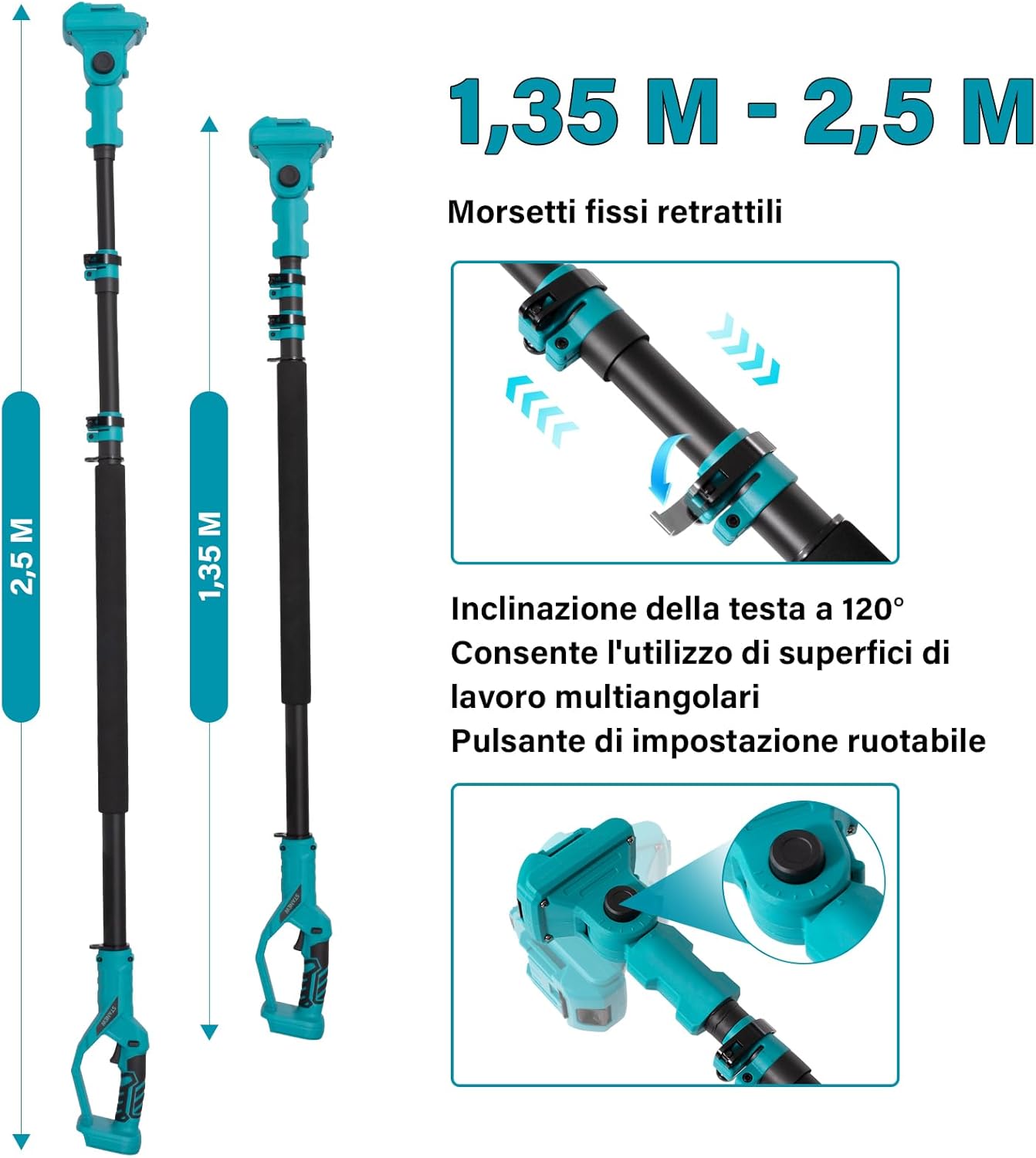 Detalle de STANEW Motosega telescopica 2 in 1: potatura e asta estensibile, batteria potente, regolabile 0–120°