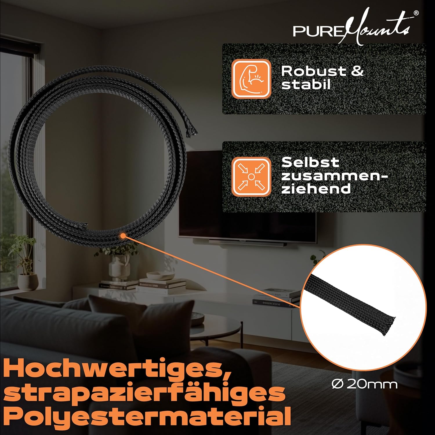 Thumbnail 1 de PureMounts PM-SOCKS-20B-50 Universeller Polyester-Kabelschlauch (selbst zusammenziehend), Ø 20 mm, schwarz, Rolle 50 m