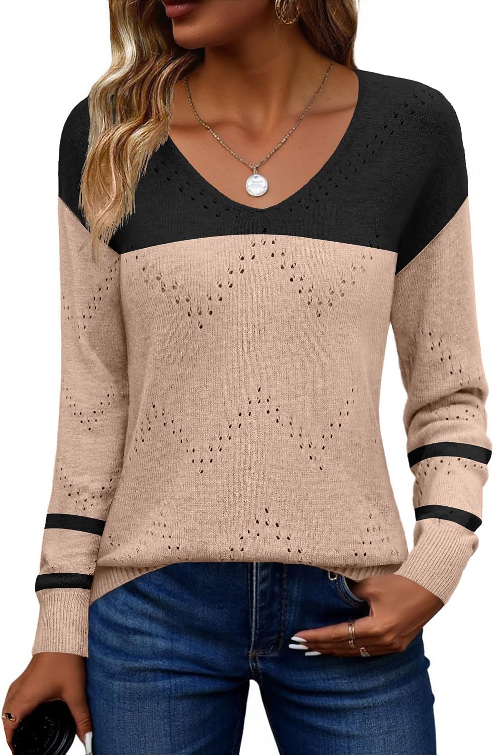 Detalle 2 de Zeagoo Maglione Lavorato a Maglia Elegante con Scollo a V e Maniche Lunghe – Taglie S-XXL
