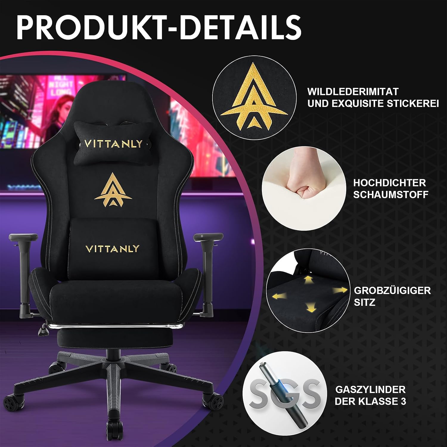 Detalle 1 de Vittanly Gaming Stuhl mit 3D-Armlehnen