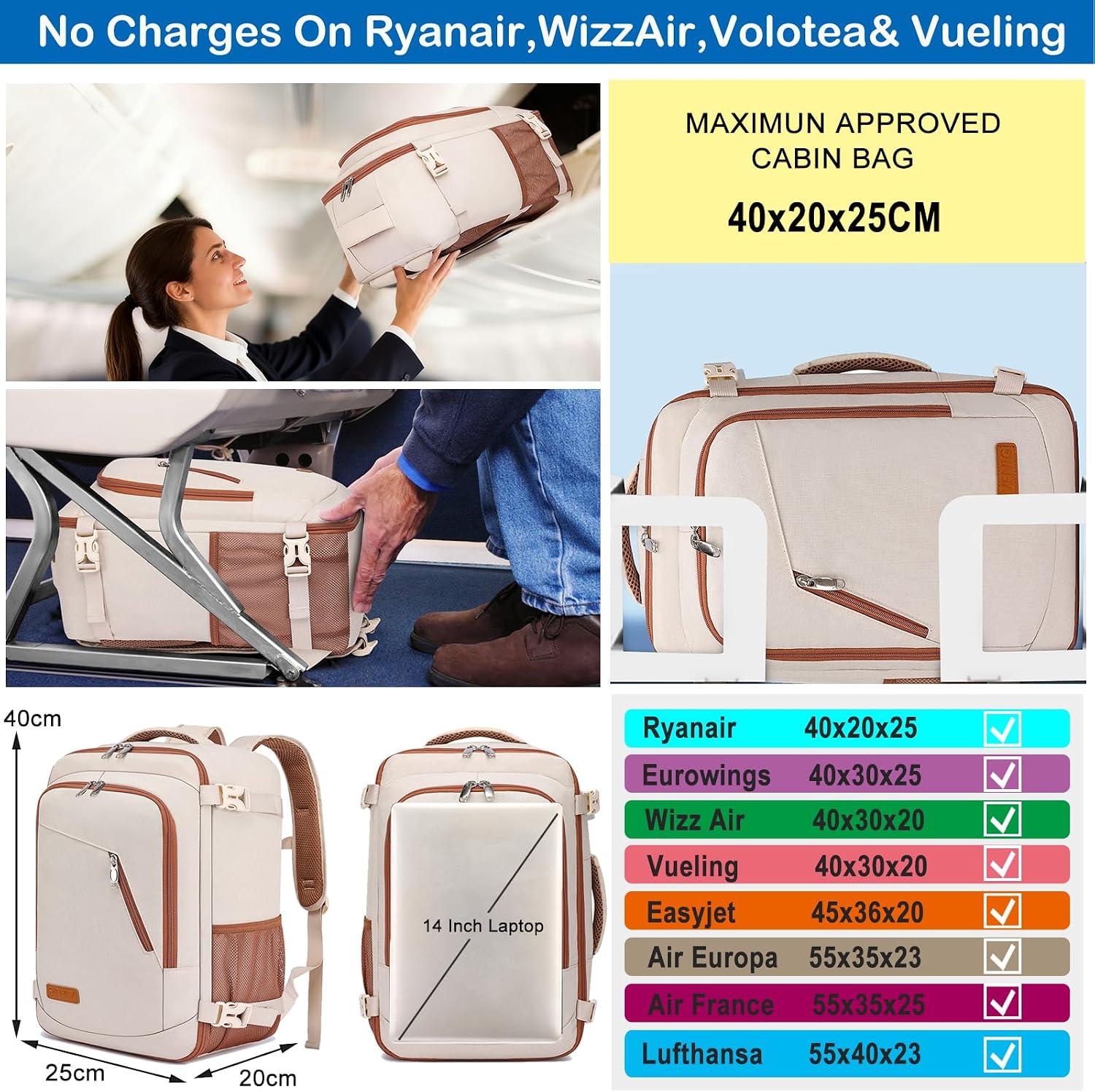 Detalle de Ryanair 40x20x25 Cabin Backpack 20L