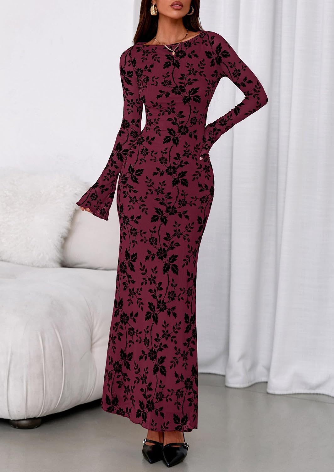 Detalle de PRETTYGARDEN Floral Bodycon Maxi Dress, Boat Neck, Long Sleeve Mesh