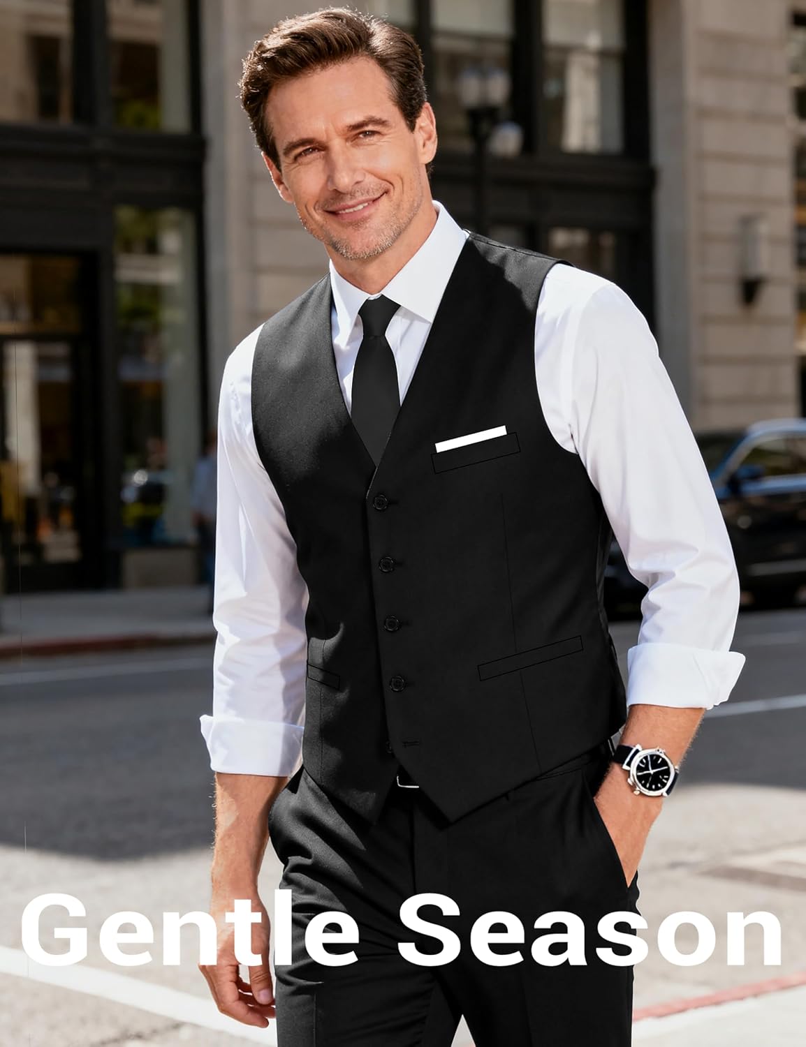 Detalle de Gentle Season Mens Vest Suit: Slim-Fit Formal Vest with Tie & Pocket Square