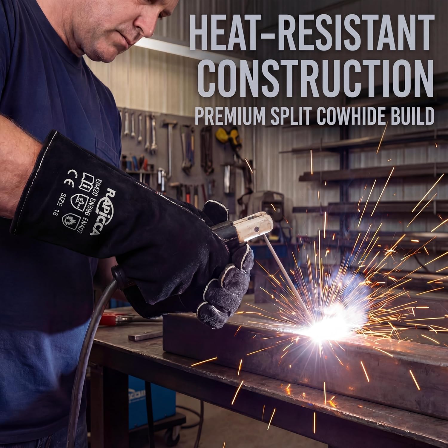 Thumbnail 3 de RAPICCA Welding Gloves Fire Heat Resistant (Black, 16in) – Double-layer fireproof leather for MIG, Stick & forge work