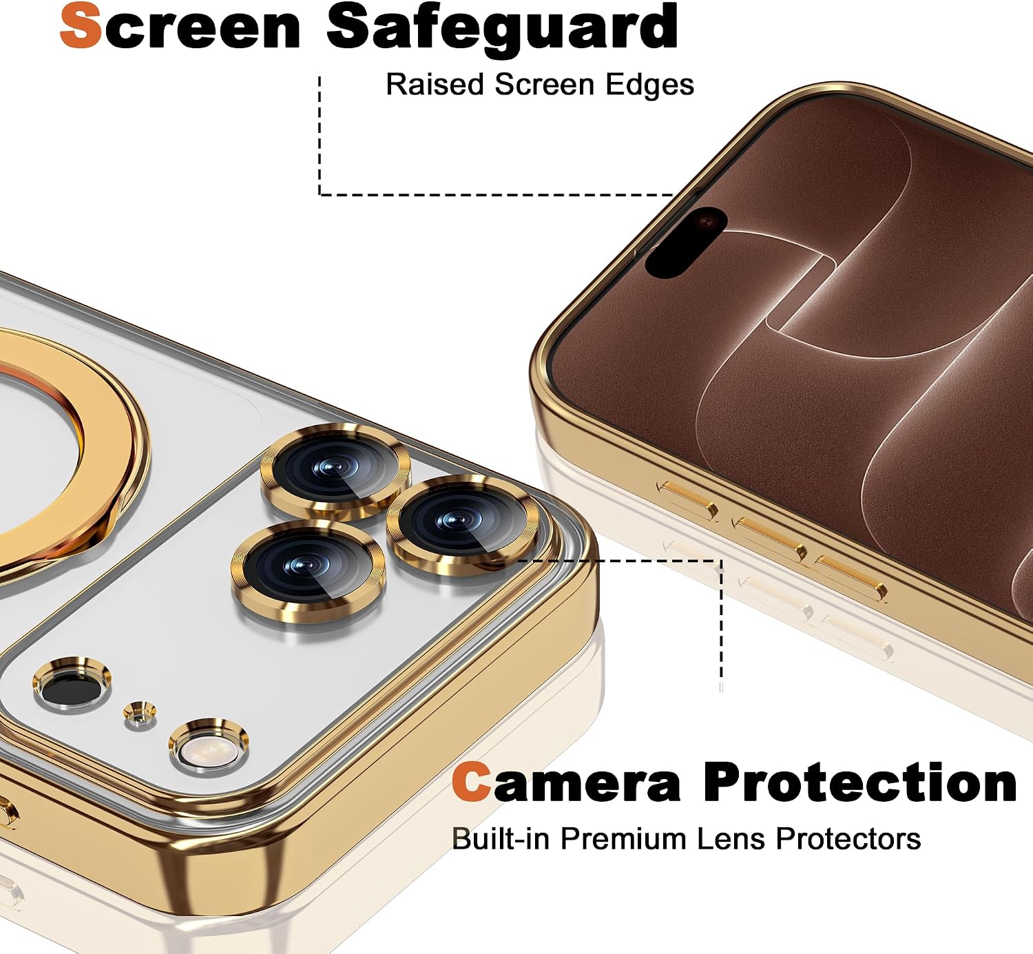 Thumbnail 6 de ETPESOK Clear Case for iPhone 18 Pro, Gold Plating, Magnetic Ring Stand