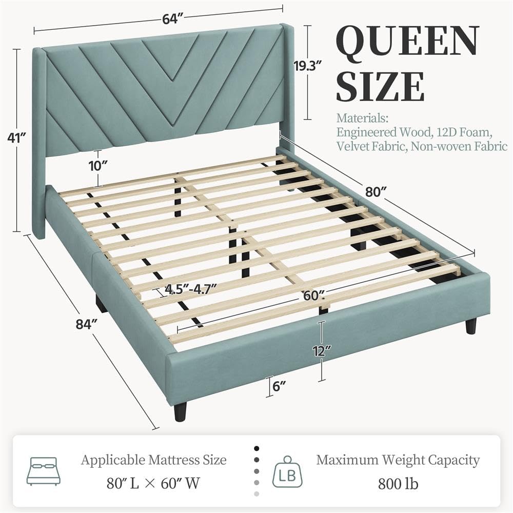 Detalle de Yaheetech YT-00143653 Queen Bed Frame, Blue Lake Velvet Chevron Headboard