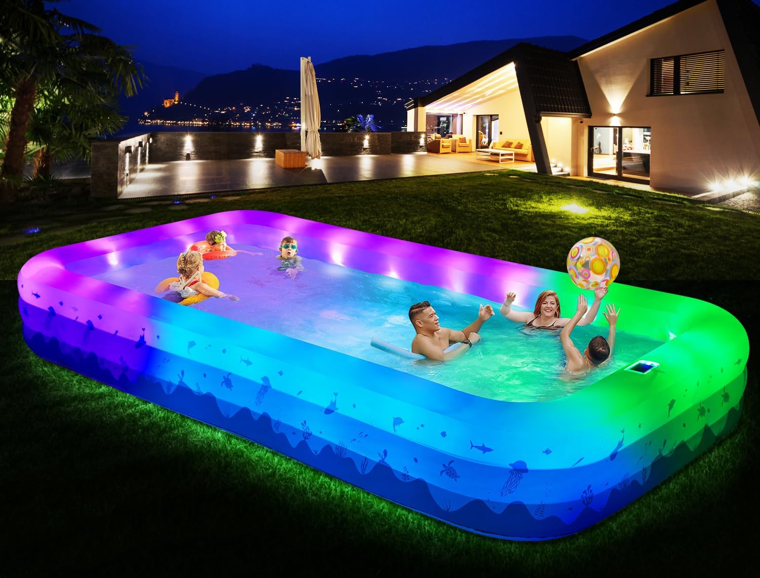 Detalle de Large Inflatable Pool with Lights (145" x 74" x 22") — Solar-Powered, UV-Resistant, 744-Gallon Family Pool