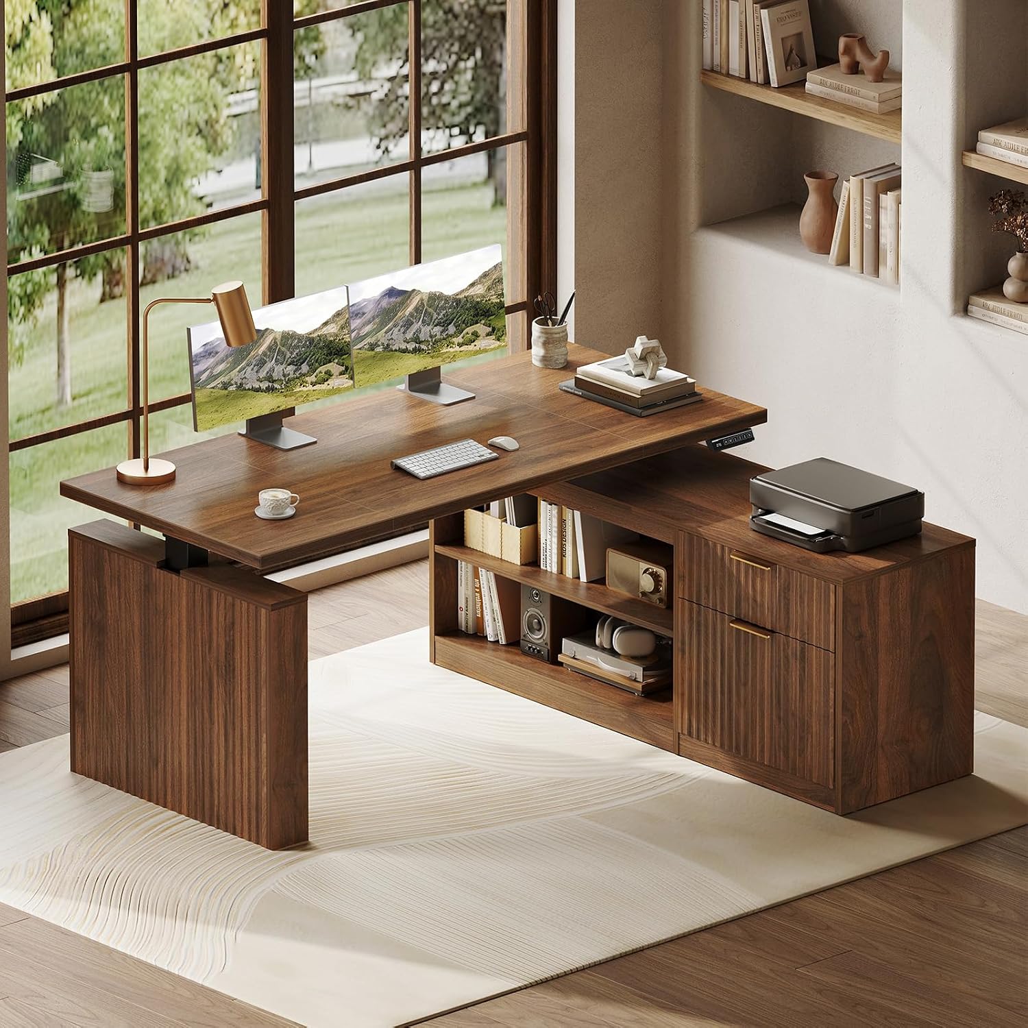 Detalle de OffiGo 55-Inch L-Shaped Electric Standing Desk, Reversible Walnut, 1-Inch Top