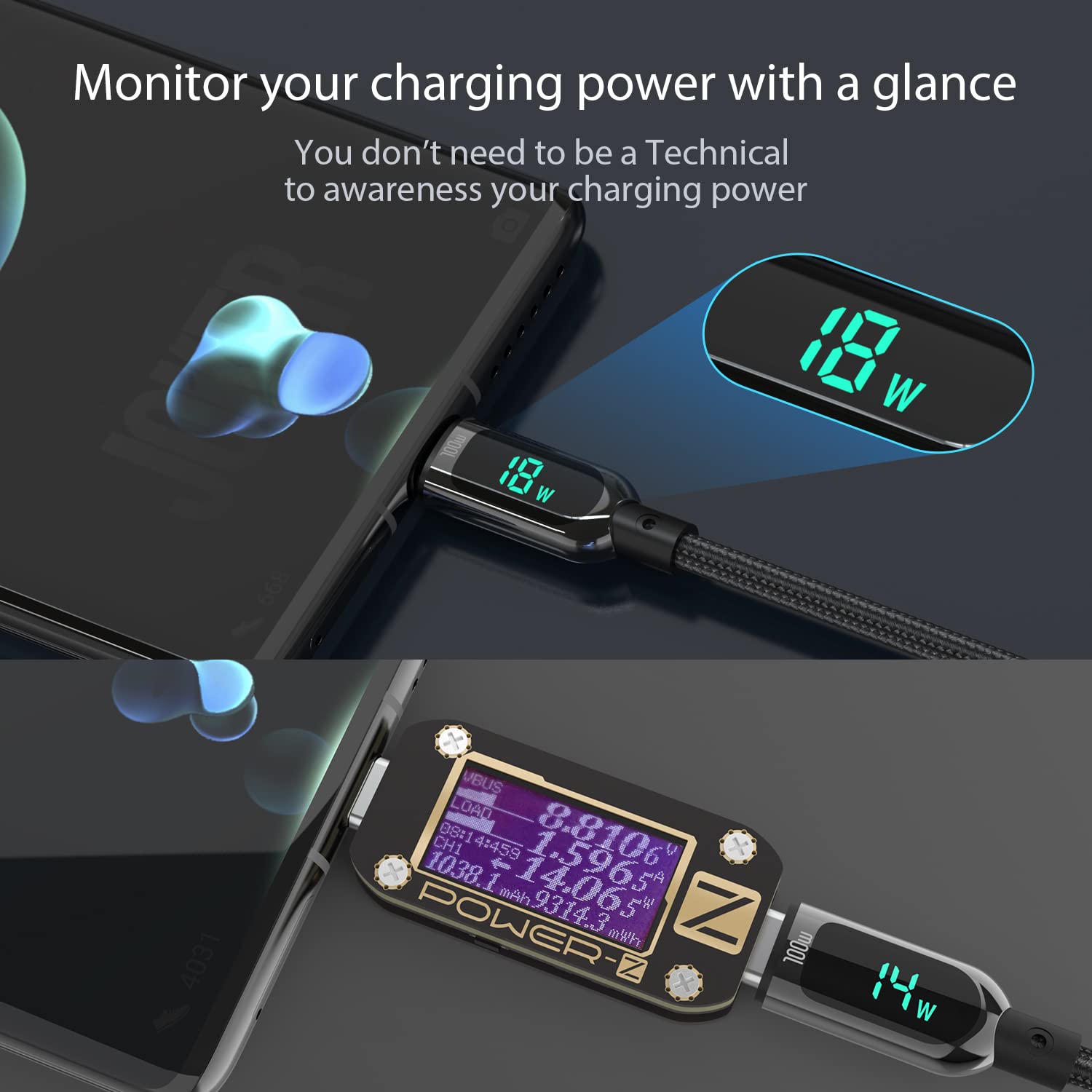 Detalle de SOOPII 100W USB-C to USB-C Cable with LED Power Display (6.6ft) for Laptops, Phones, and More
