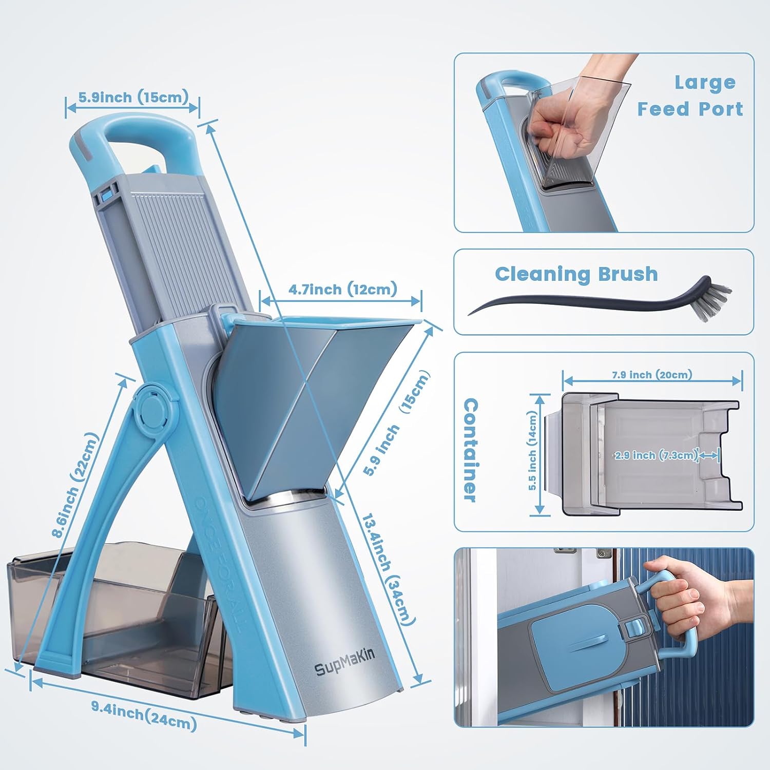 Detalle de SupMaKin Upgrade Safe Mandoline Slicer Plus (Blue) — Adjustable Vegetable Slicer & Chopper