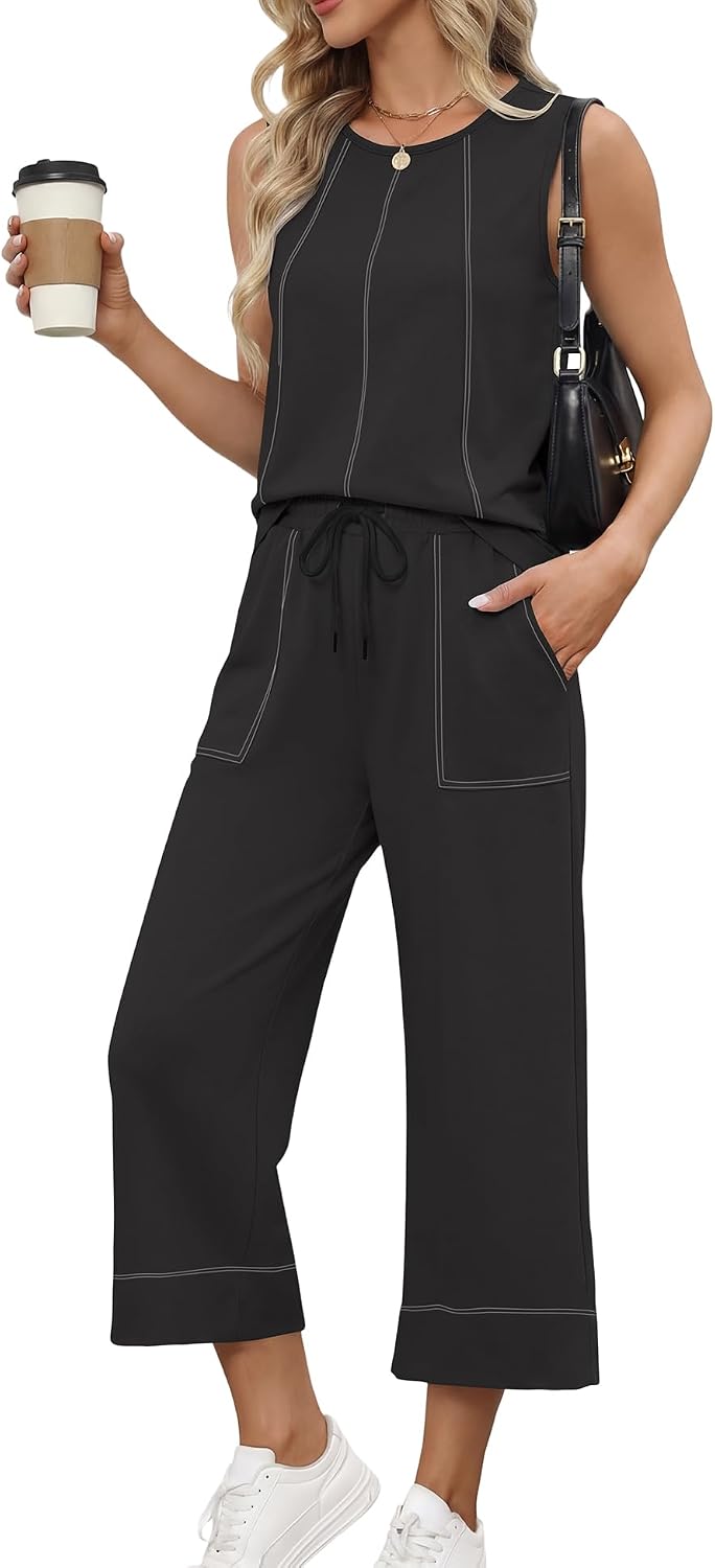 Thumbnail 1 de LOMON Two Piece Sets for Women: Sleeveless Top & Wide Leg Crop Pants
