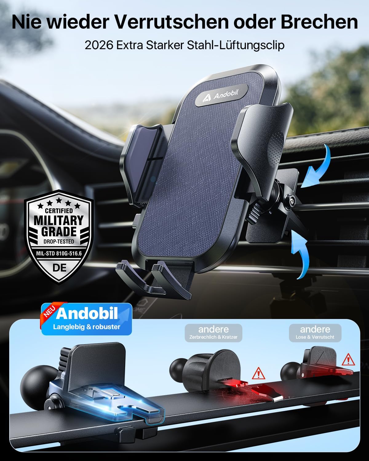 Detalle 2 de andobil Handyhalterung Auto Lüftung – 360° drehbar, sicherer Griff, Universal 4–7 Zoll