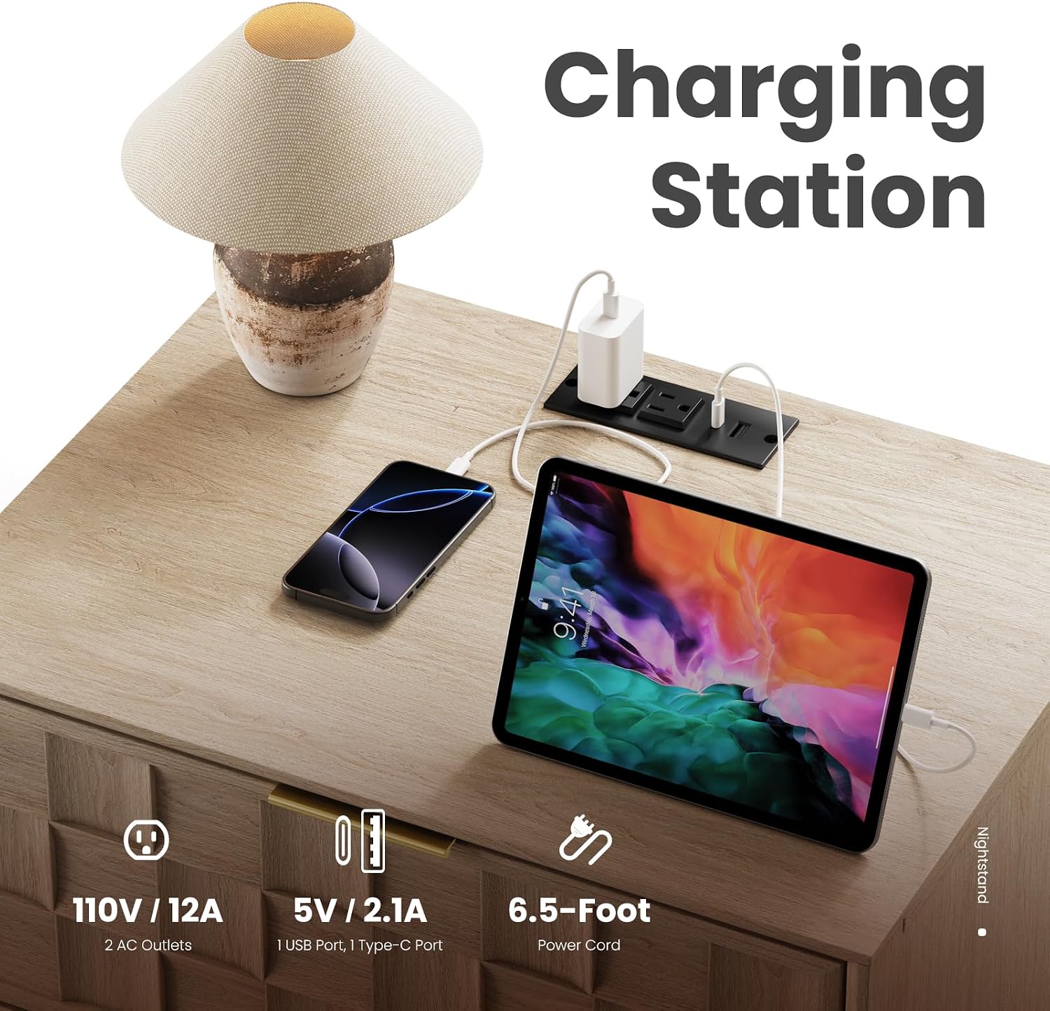 Detalle de COLAMY Nightstand with Charging Station